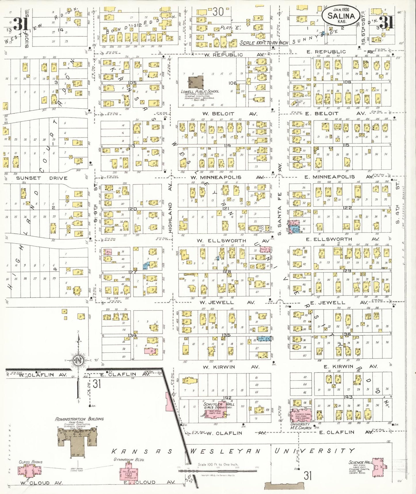 Sanborn Fire Insurance Map from Salina, Saline County, Kansas (1926), Sheet #0031 - Historic Sanborn Fire Insurance Map Print, vintage old map wall art, antique decor, genealogy gift, Kansas Kansas map