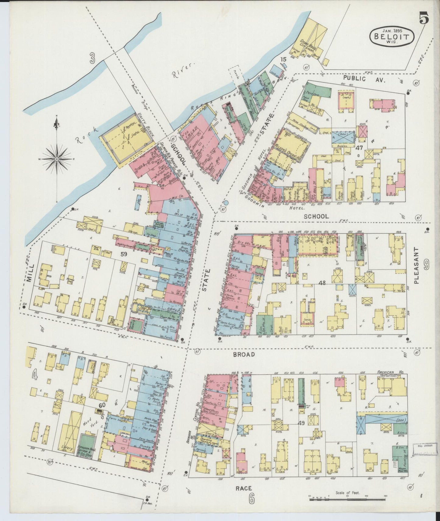 Sanborn Fire Insurance Map from Beloit, Rock County, Wisconsin (1895), Sheet #0005 - Historic Sanborn Fire Insurance Map Print, vintage old map wall art, antique decor, genealogy gift, Wisconsin Wisconsin map