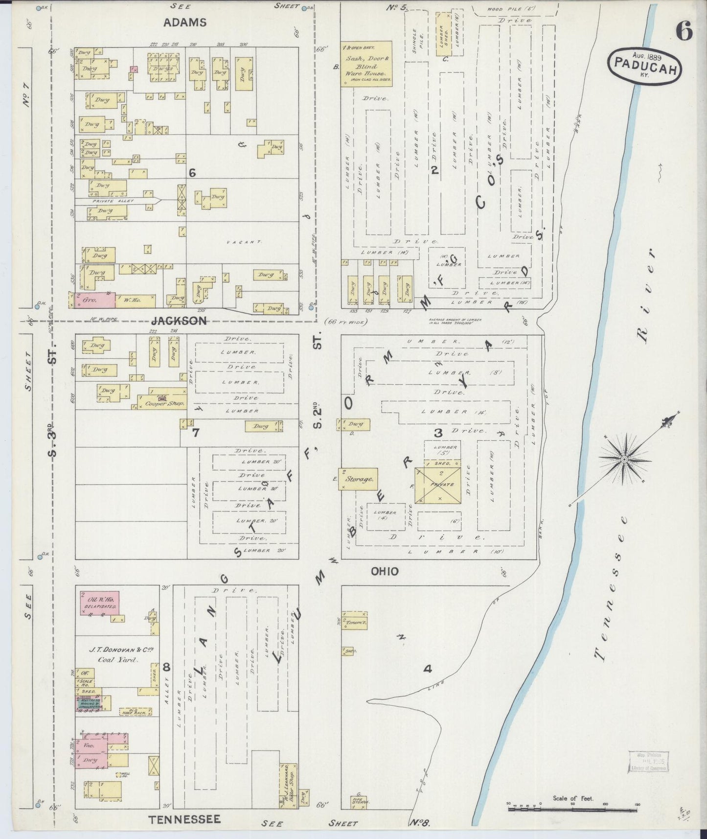 Sanborn Fire Insurance Map from Paducah, Mccraken County, Kentucky (1889), Sheet #0006 - Historic Sanborn Fire Insurance Map Print, vintage old map wall art, antique decor, genealogy gift, Kentucky Kentucky map