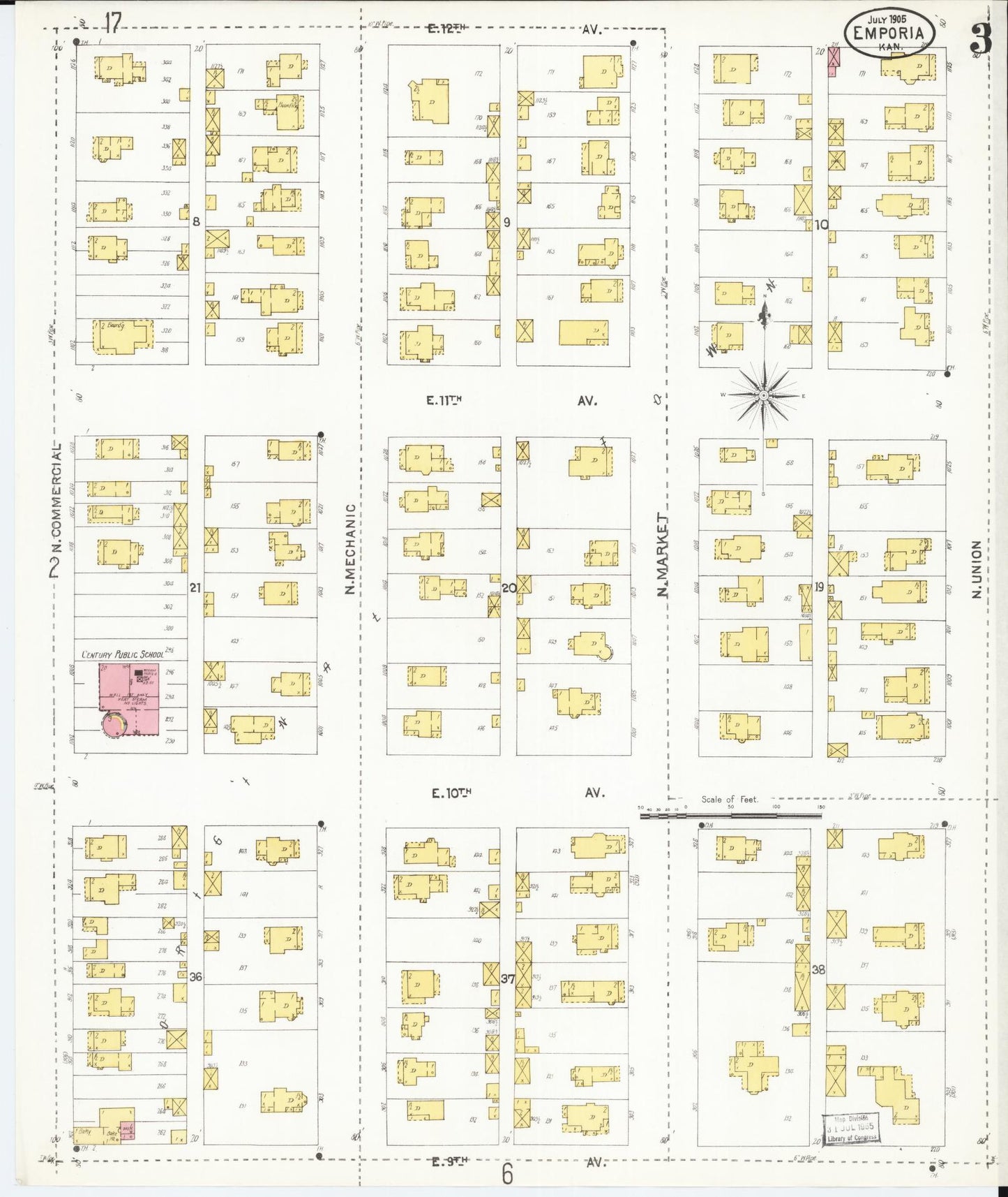 Sanborn Fire Insurance Map from Emporia, Lyon County, Kansas (1905), Sheet #0003 - Historic Sanborn Fire Insurance Map Print, vintage old map wall art, antique decor, genealogy gift, Kansas Kansas map
