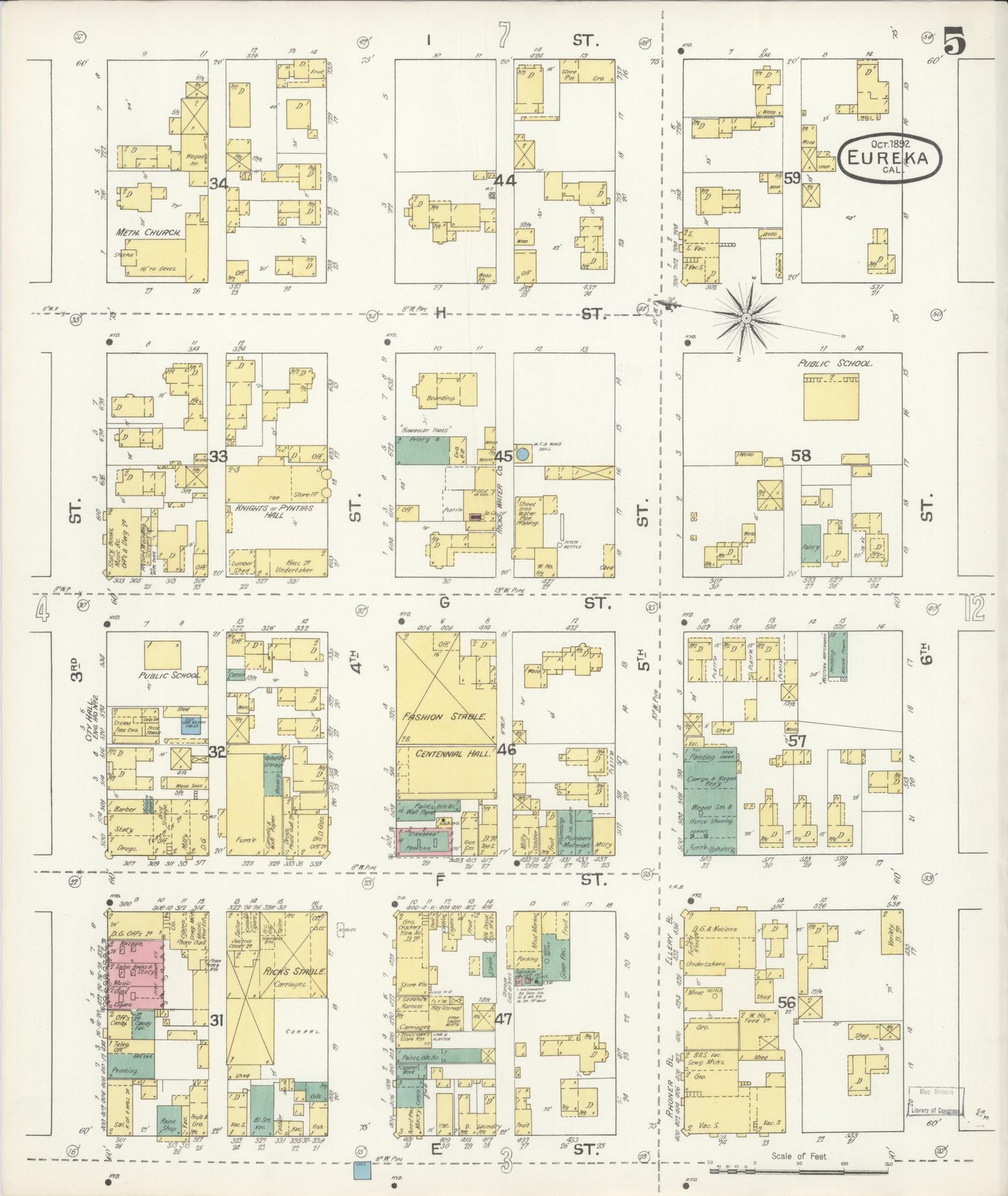 Sanborn Fire Insurance Map from Eureka, Humboldt County, California (1892), Sheet #0005 - Historic Sanborn Fire Insurance Map Print, vintage old map wall art, antique decor, genealogy gift, California California map