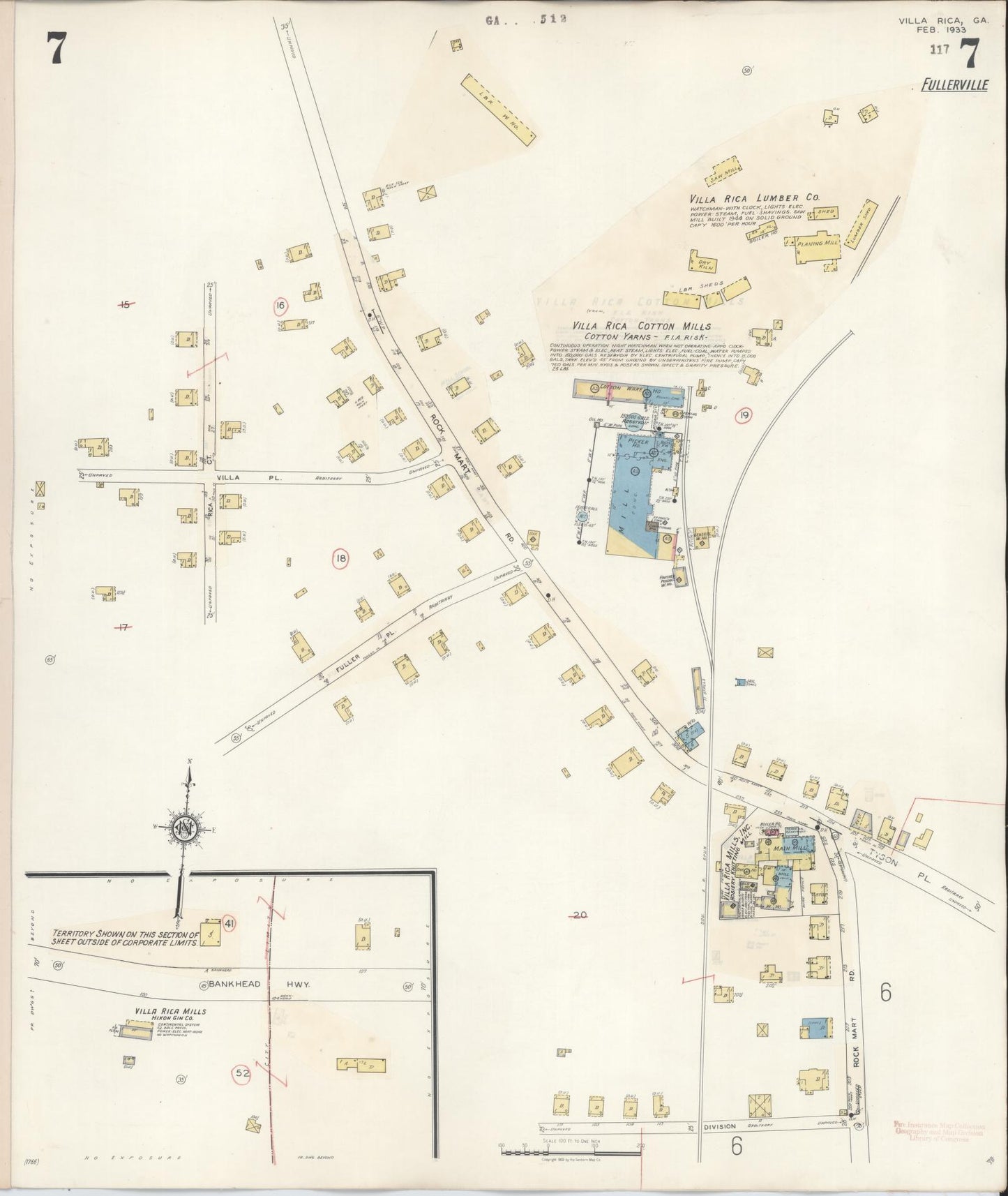Sanborn Fire Insurance Map from Villa Rica, Carroll County, Georgia (1944), Sheet #0007 - Historic Sanborn Fire Insurance Map Print, vintage old map wall art, antique decor, genealogy gift, Georgia Georgia map