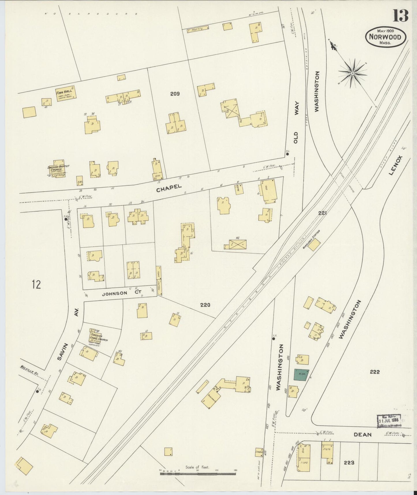 Sanborn Fire Insurance Map from Norwood, Norfolk County, Massachusetts (1909), Sheet #0013 - Historic Sanborn Fire Insurance Map Print, vintage old map wall art, antique decor, genealogy gift, Massachusetts Massachusetts map