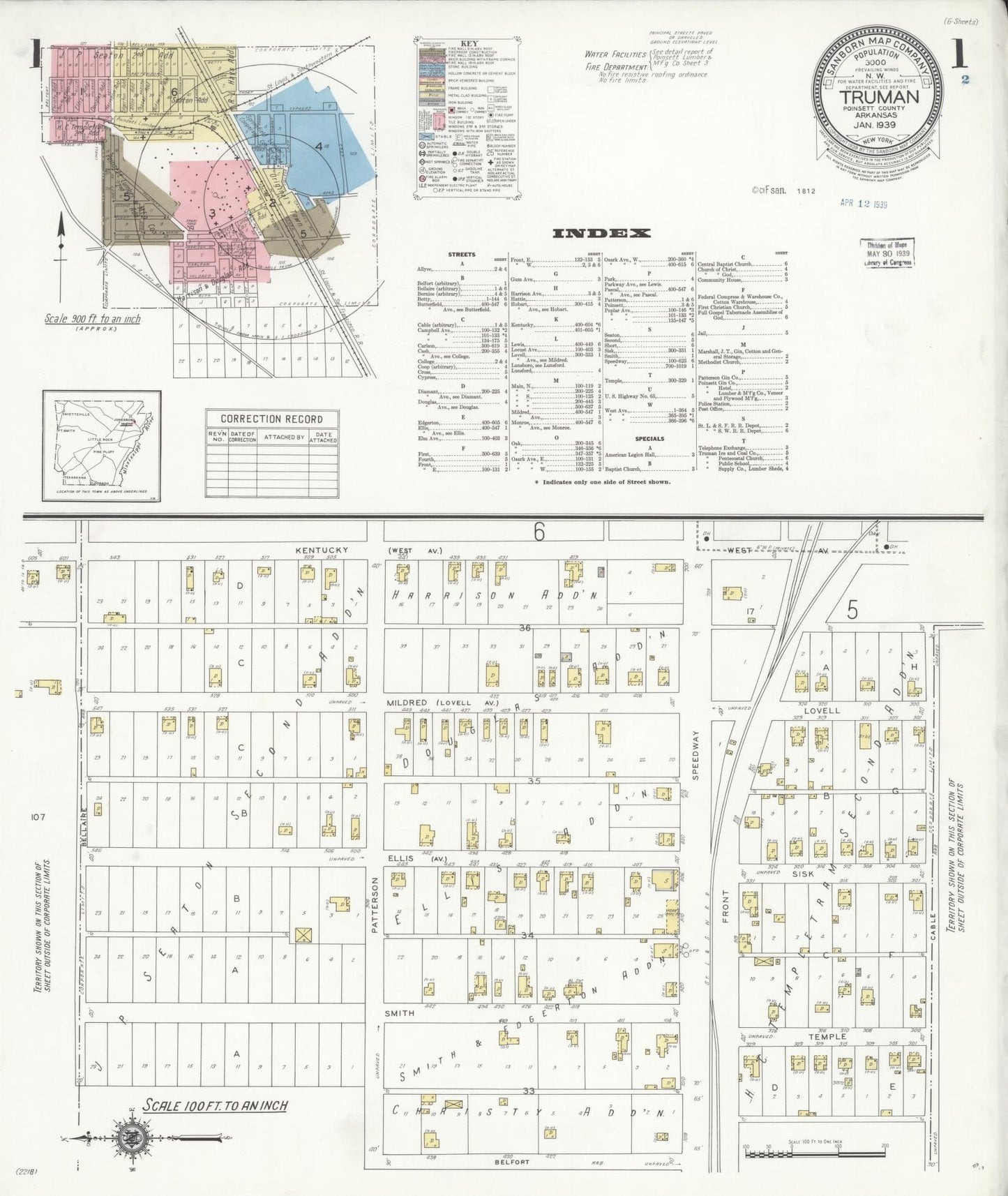 Sanborn Fire Insurance Map from Truman, Poinsett County, Arkansas (1939), Sheet #0001 - Historic Sanborn Fire Insurance Map Print, vintage old map wall art, antique decor, genealogy gift, Arkansas Arkansas map