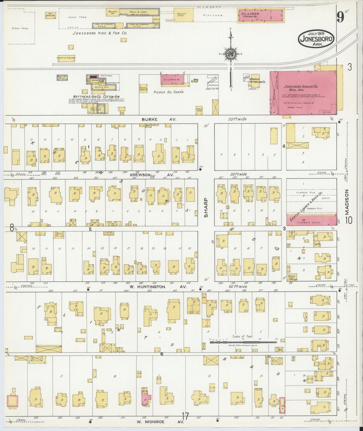 Sanborn Fire Insurance Map from Jonesboro, Craighead County, Arkansas (1919), Sheet #0009 - Historic Sanborn Fire Insurance Map Print, vintage old map wall art, antique decor, genealogy gift, Arkansas Arkansas map