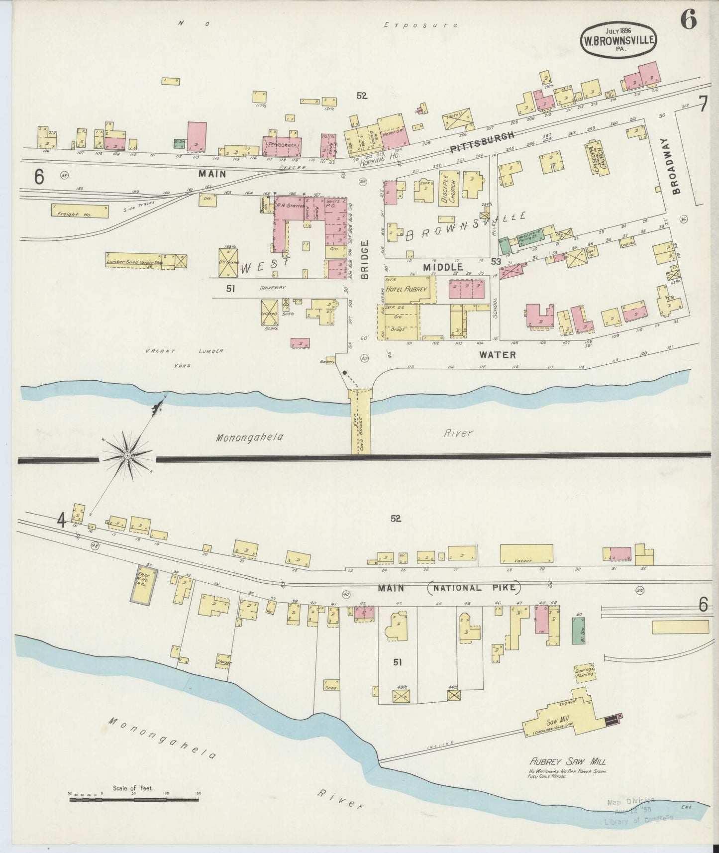 Sanborn Fire Insurance Map from Brownsville, Fayette County, Pennsylvania (1896), Sheet #0006 - Historic Sanborn Fire Insurance Map Print, vintage old map wall art, antique decor, genealogy gift, Pennsylvania Pennsylvania map