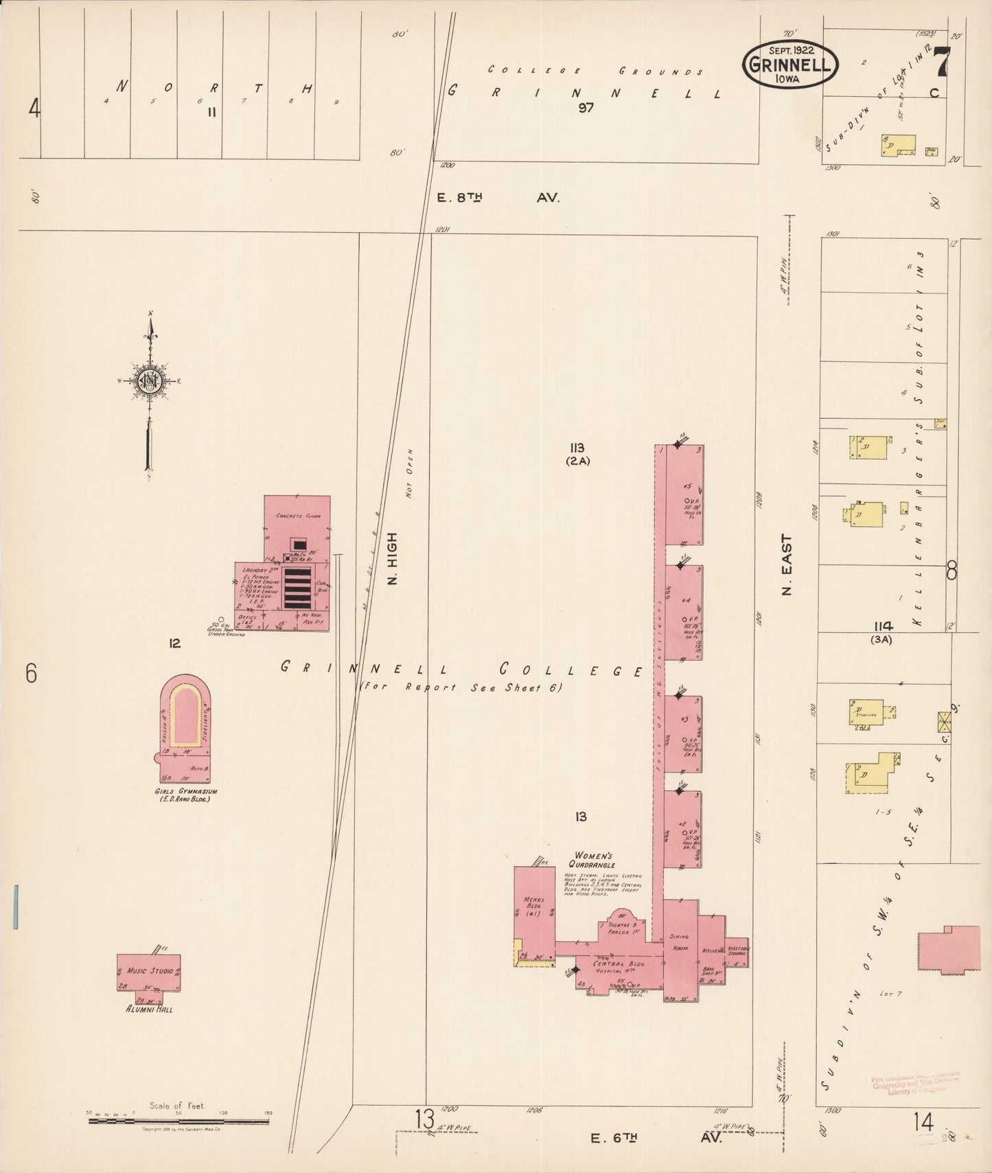 Sanborn Fire Insurance Map from Grinnell, Poweshiek County, Iowa (1922), Sheet #0007 - Historic Sanborn Fire Insurance Map Print, vintage old map wall art