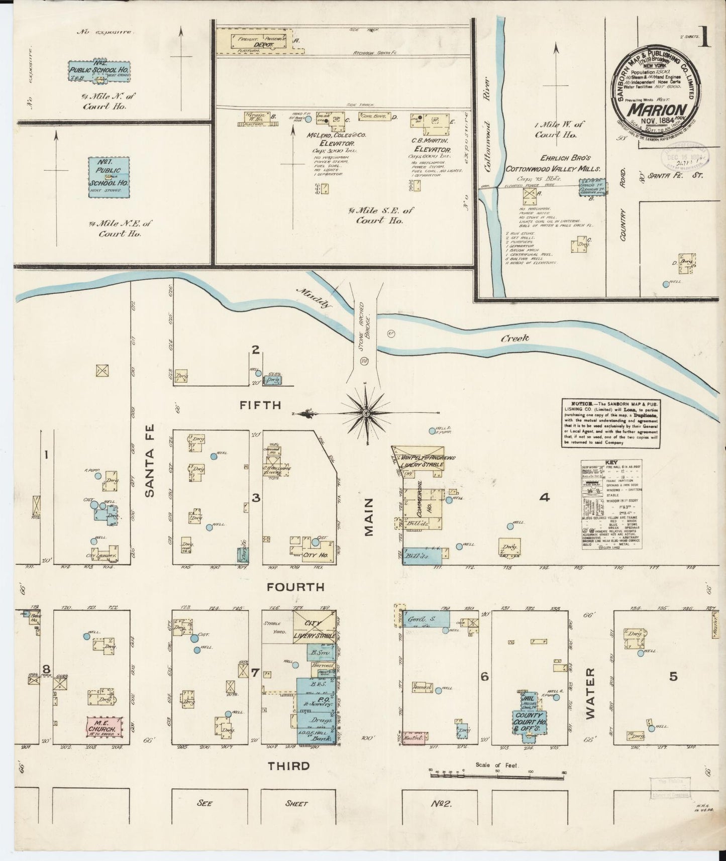 Sanborn Fire Insurance Map from Marion, Marion County, Kansas (1884), Sheet #0001 - Historic Sanborn Fire Insurance Map Print, vintage old map wall art, antique decor, genealogy gift, Kansas Kansas map