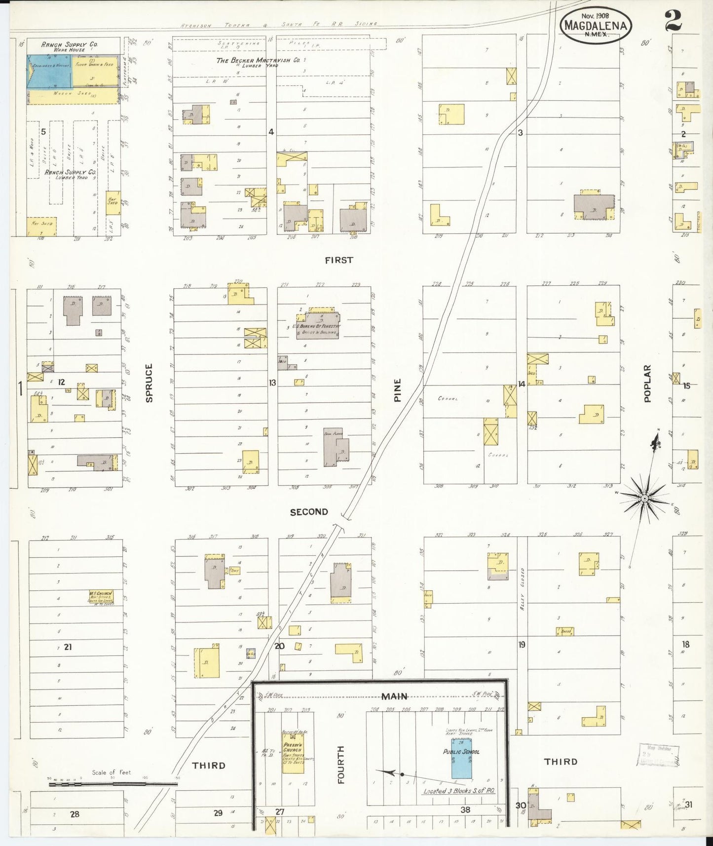 Sanborn Fire Insurance Map from Magdalena, Socorro County, New Mexico (1908), Sheet #0002 - Historic Sanborn Fire Insurance Map Print, vintage old map wall art, antique decor, genealogy gift, New Mexico New Mexico map