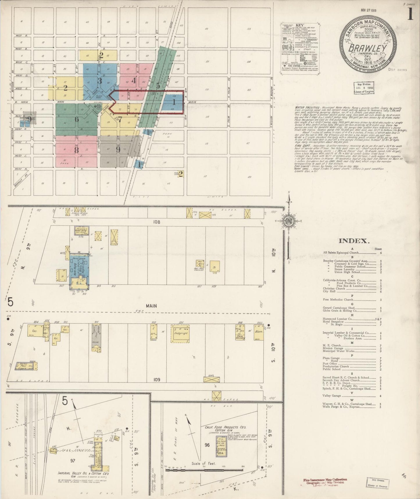 Sanborn Fire Insurance Map from Brawley, Imperial County, California (1916), Sheet #0001 - Historic Sanborn Fire Insurance Map Print, vintage old map wall art, antique decor, genealogy gift, California California map