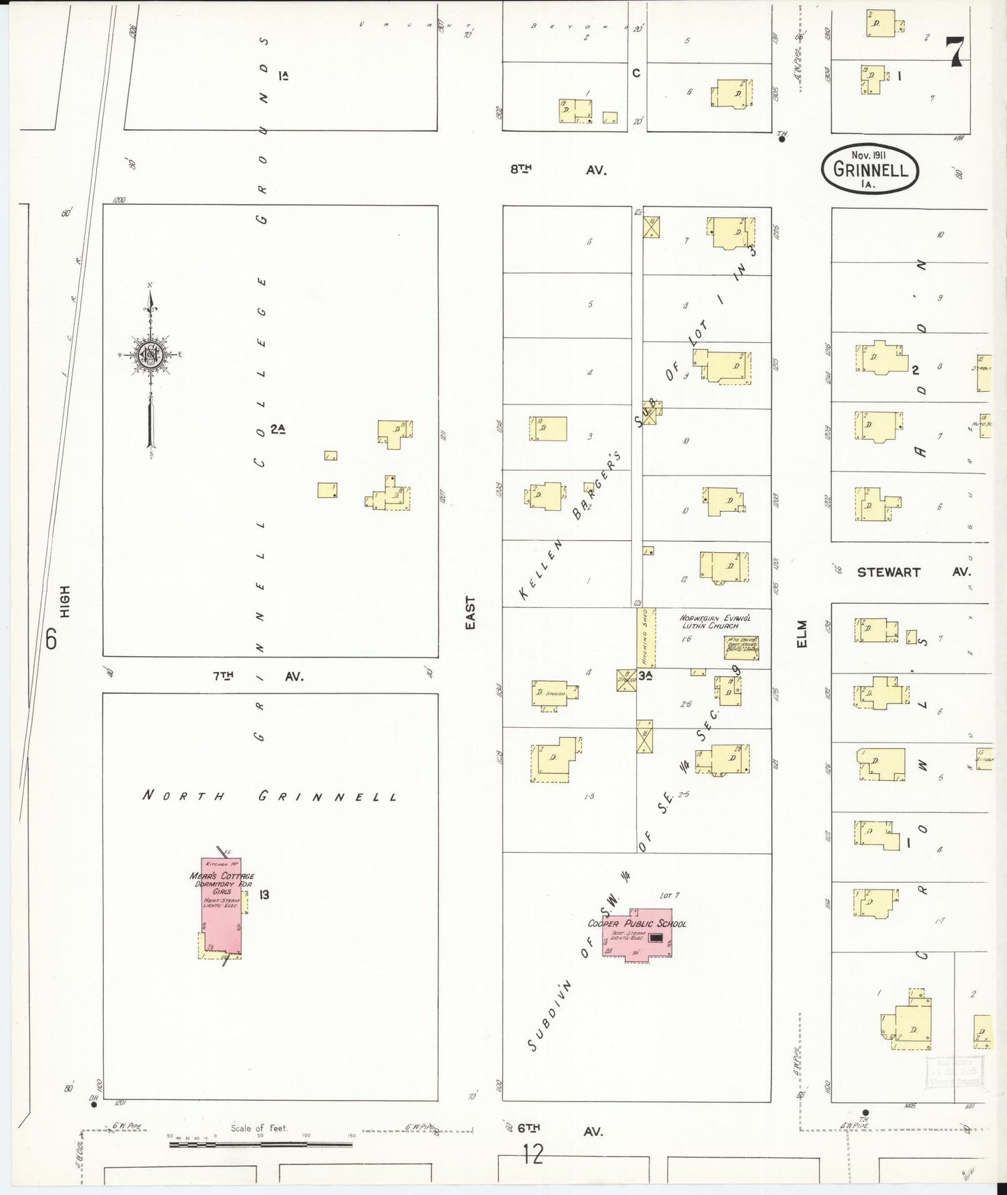 Sanborn Fire Insurance Map from Grinnell, Poweshiek County, Iowa (1911), Sheet #0007 - Historic Sanborn Fire Insurance Map Print, vintage old map wall art