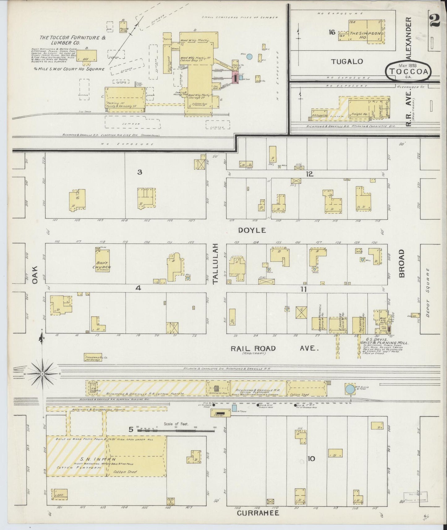 Sanborn Fire Insurance Map from Toccoa, Stephens County, Georgia (1893), Sheet #0002 - Historic Sanborn Fire Insurance Map Print, vintage old map wall art, antique decor, genealogy gift, Georgia Georgia map