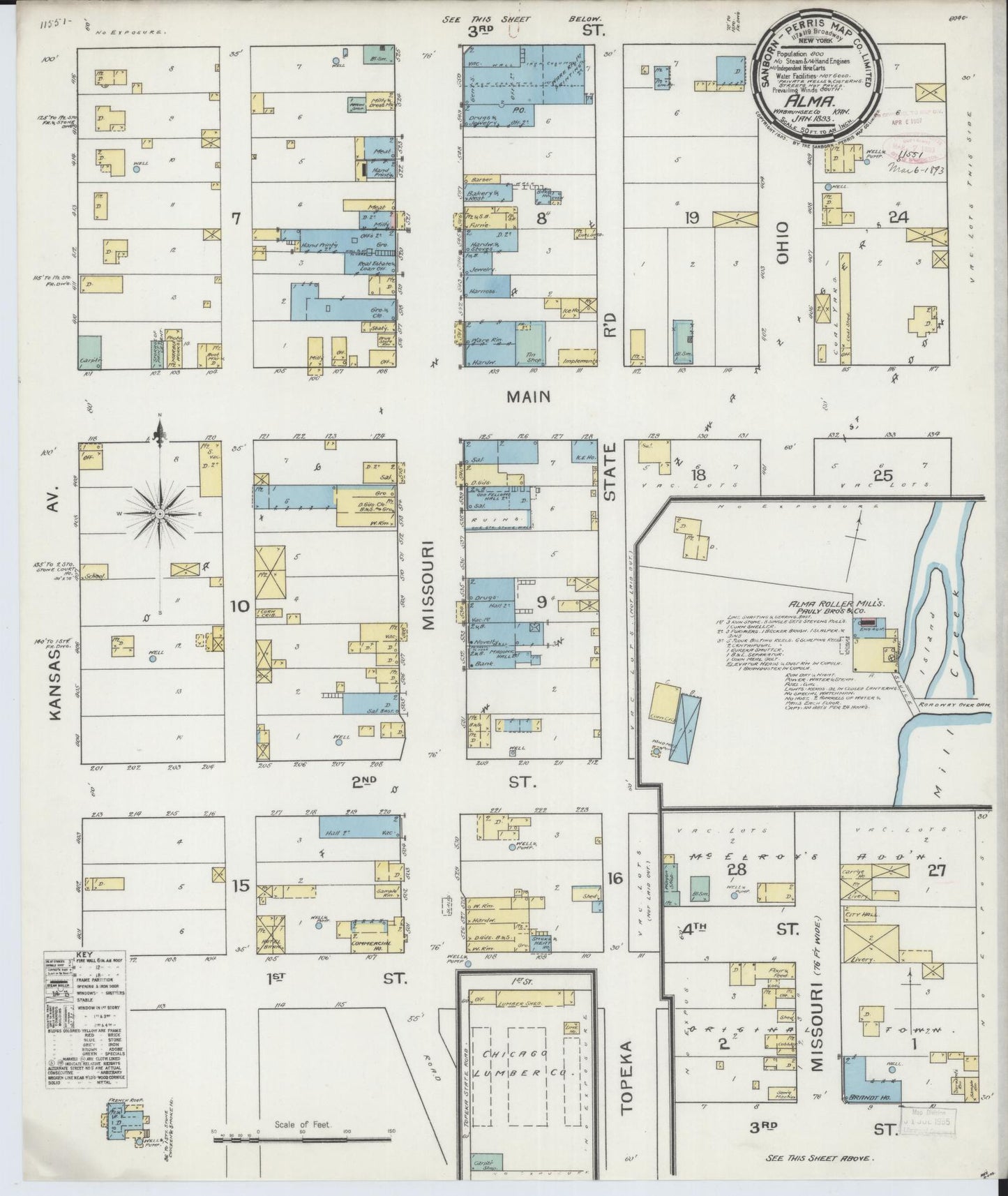 Sanborn Fire Insurance Map from Alma, Wabaunsee County, Kansas (1893), Sheet #0001 - Historic Sanborn Fire Insurance Map Print, vintage old map wall art, antique decor, genealogy gift, Kansas Kansas map