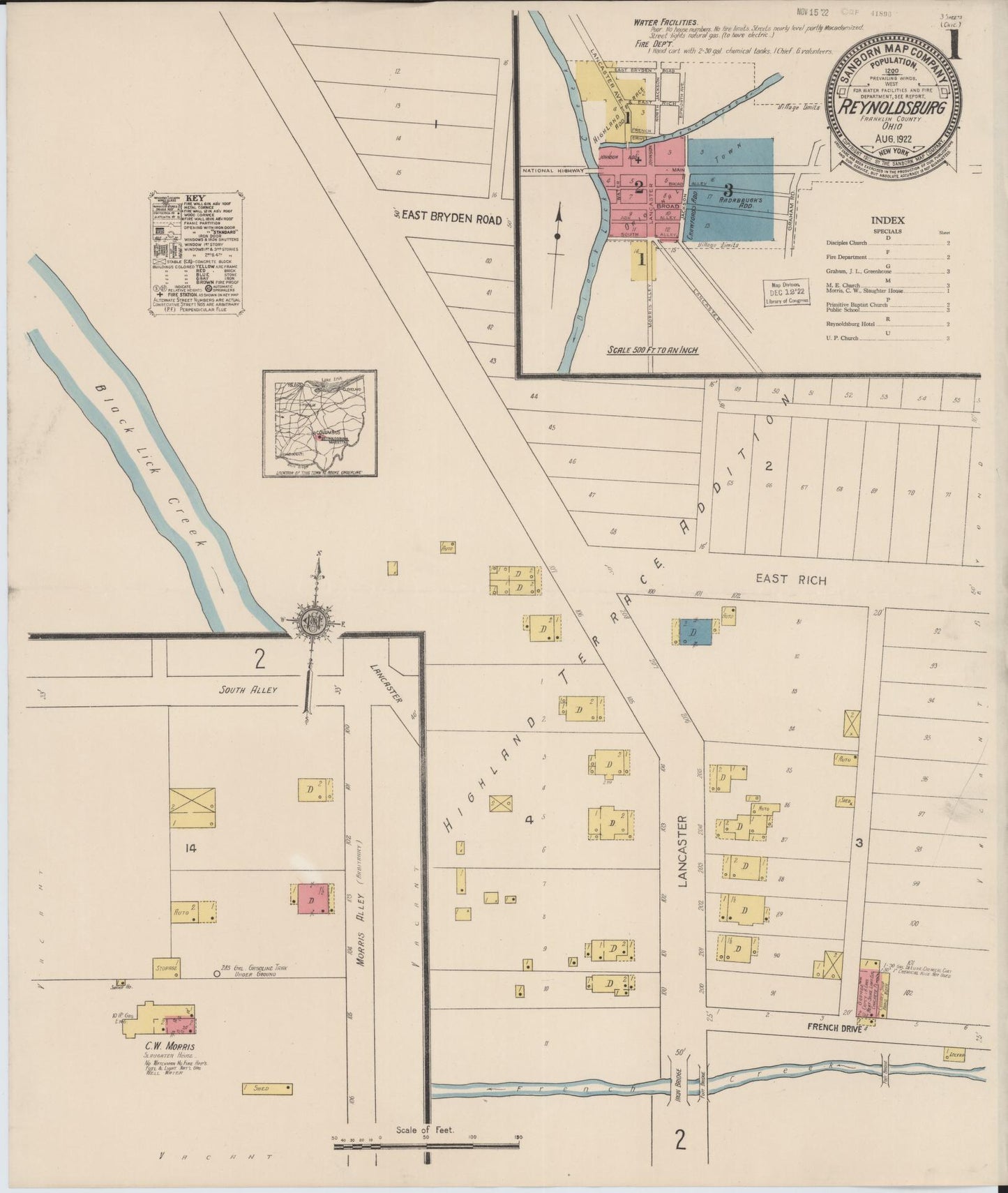 Sanborn Fire Insurance Map from Reynoldsburg, Franklin County, Ohio (1922), Sheet #0001 - Historic Sanborn Fire Insurance Map Print, vintage old map wall art, antique decor, genealogy gift, Ohio Ohio map