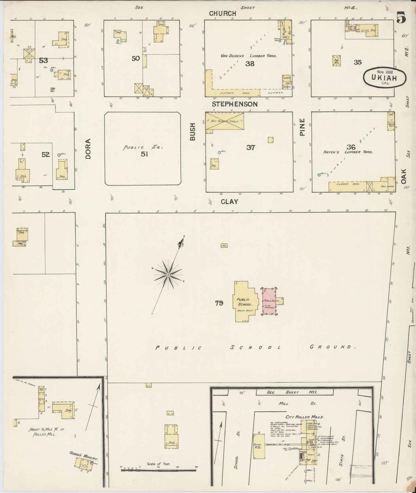 Sanborn Fire Insurance Map from Ukiah, Mendocino County, California (1888), Sheet #0005 - Complete Map Set gallery image, historic Sanborn map, vintage wall art, California California