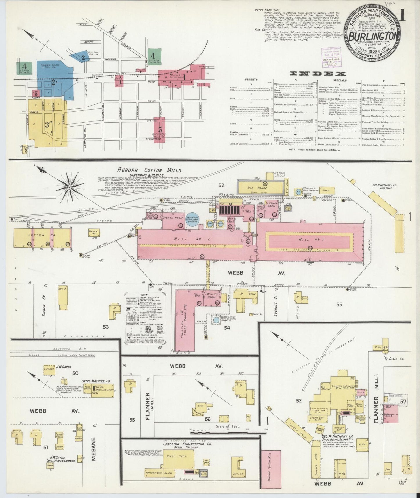 Sanborn Fire Insurance Map from Burlington, Alamance County, North Carolina (1908), Sheet #0001 - Historic Sanborn Fire Insurance Map Print, vintage old map wall art, antique decor, genealogy gift, North Carolina North Carolina map