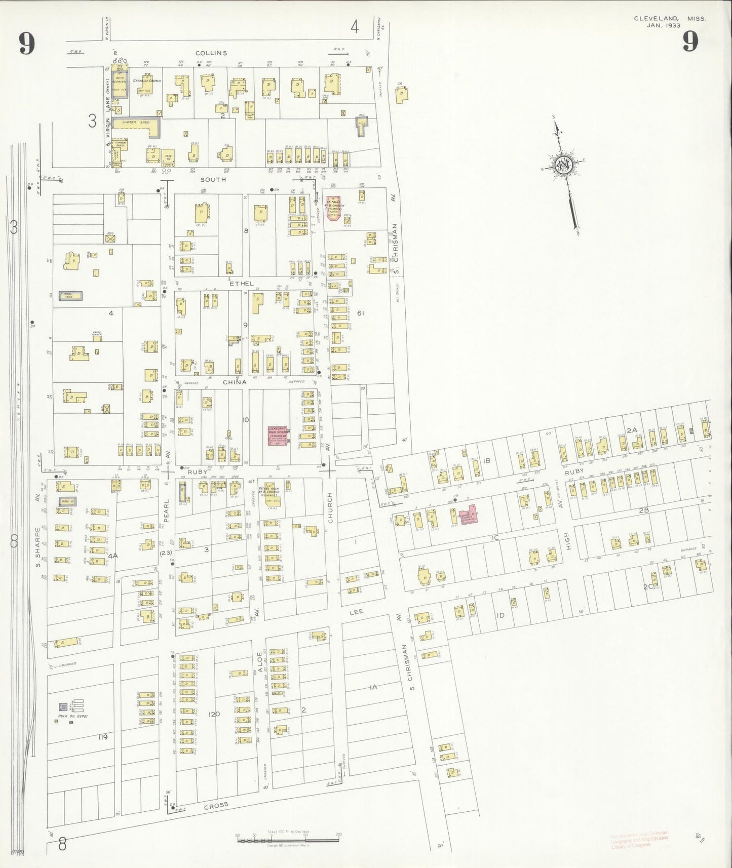 Sanborn Fire Insurance Map from Cleveland, Bolivar County, Mississippi (1933), Sheet #0009 - Historic Sanborn Fire Insurance Map Print, vintage old map wall art, antique decor, genealogy gift, Mississippi Mississippi map