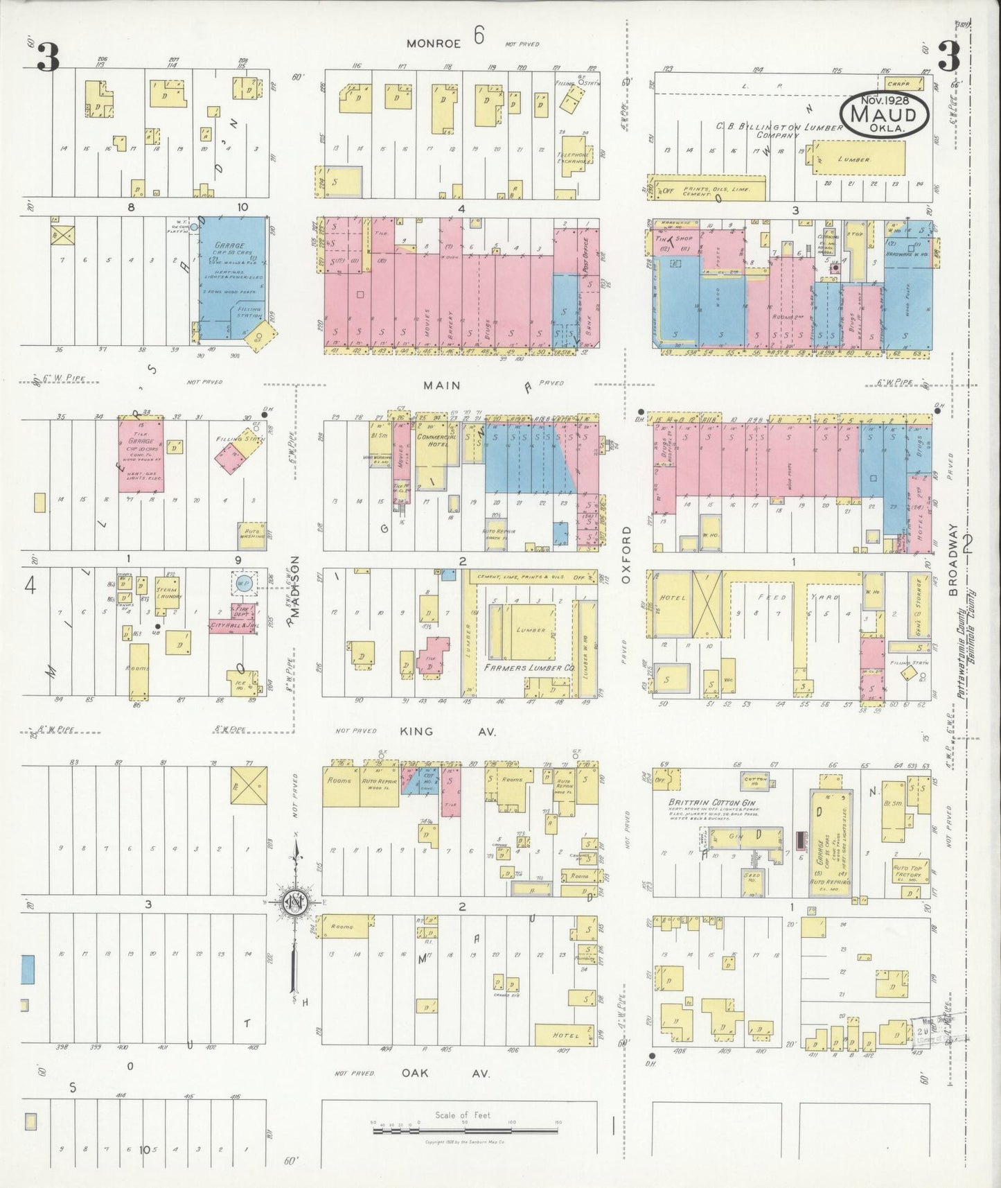 Sanborn Fire Insurance Map from Maud, Pottawatomie County, Oklahoma (1928), Sheet #0003 - Historic Sanborn Fire Insurance Map Print, vintage old map wall art, antique decor, genealogy gift, Oklahoma Oklahoma map