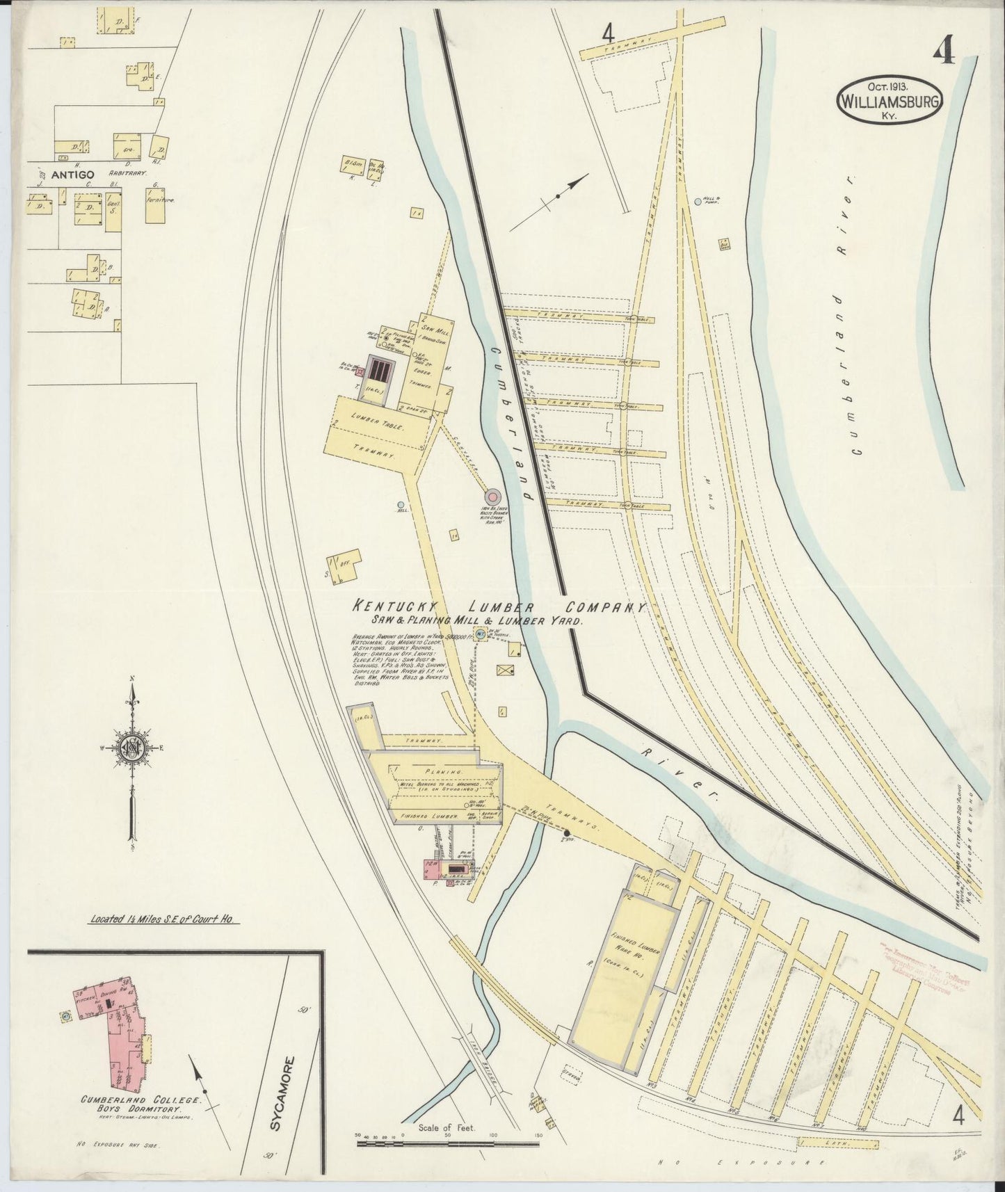 Sanborn Fire Insurance Map from Williamsburg, Whitley County, Kentucky (1913), Sheet #0004 - Historic Sanborn Fire Insurance Map Print, vintage old map wall art, antique decor, genealogy gift, Kentucky Kentucky map