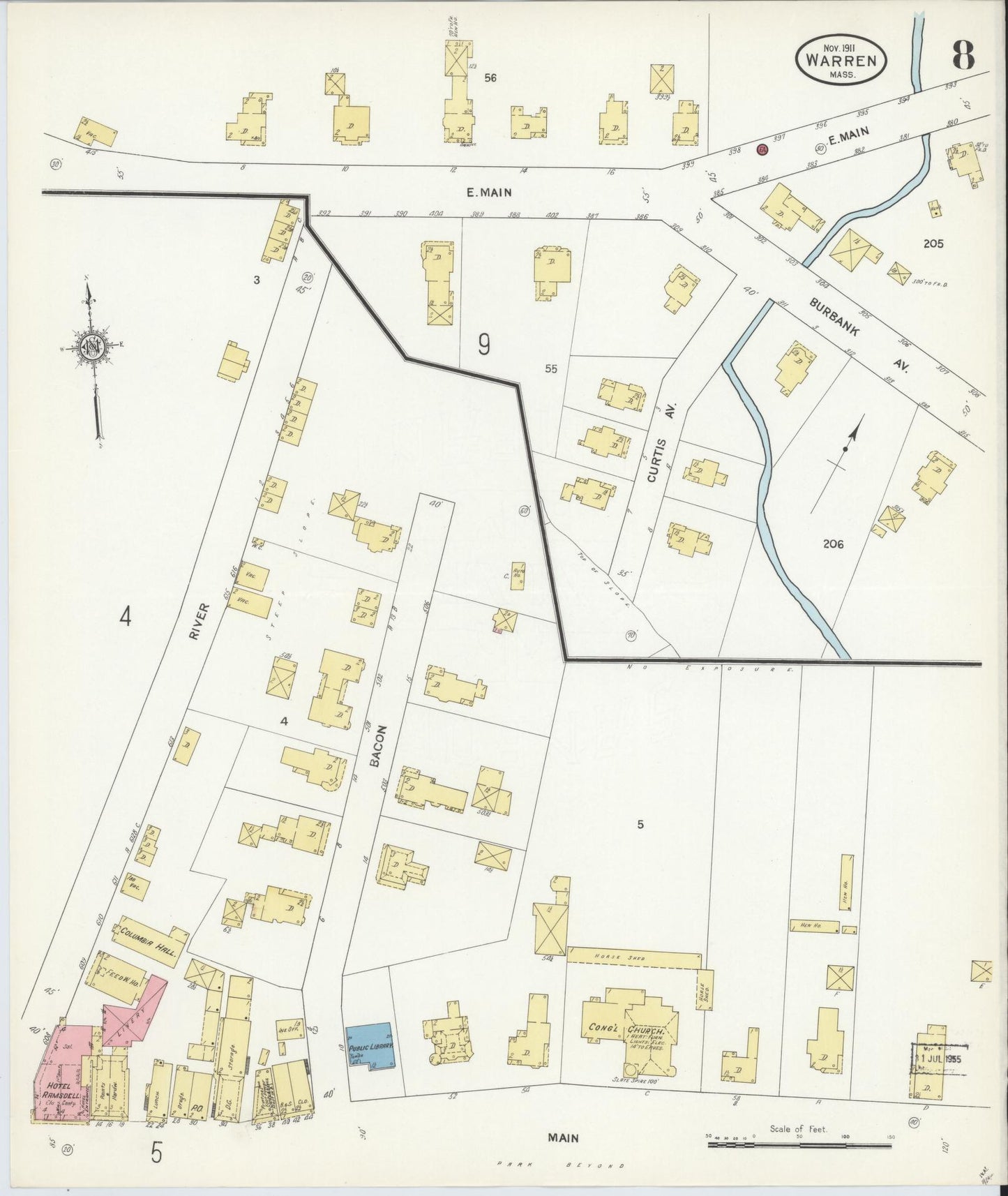 Sanborn Fire Insurance Map from Warren, Worcester County, Massachusetts (1911), Sheet #0008 - Historic Sanborn Fire Insurance Map Print, vintage old map wall art, antique decor, genealogy gift, Massachusetts Massachusetts map