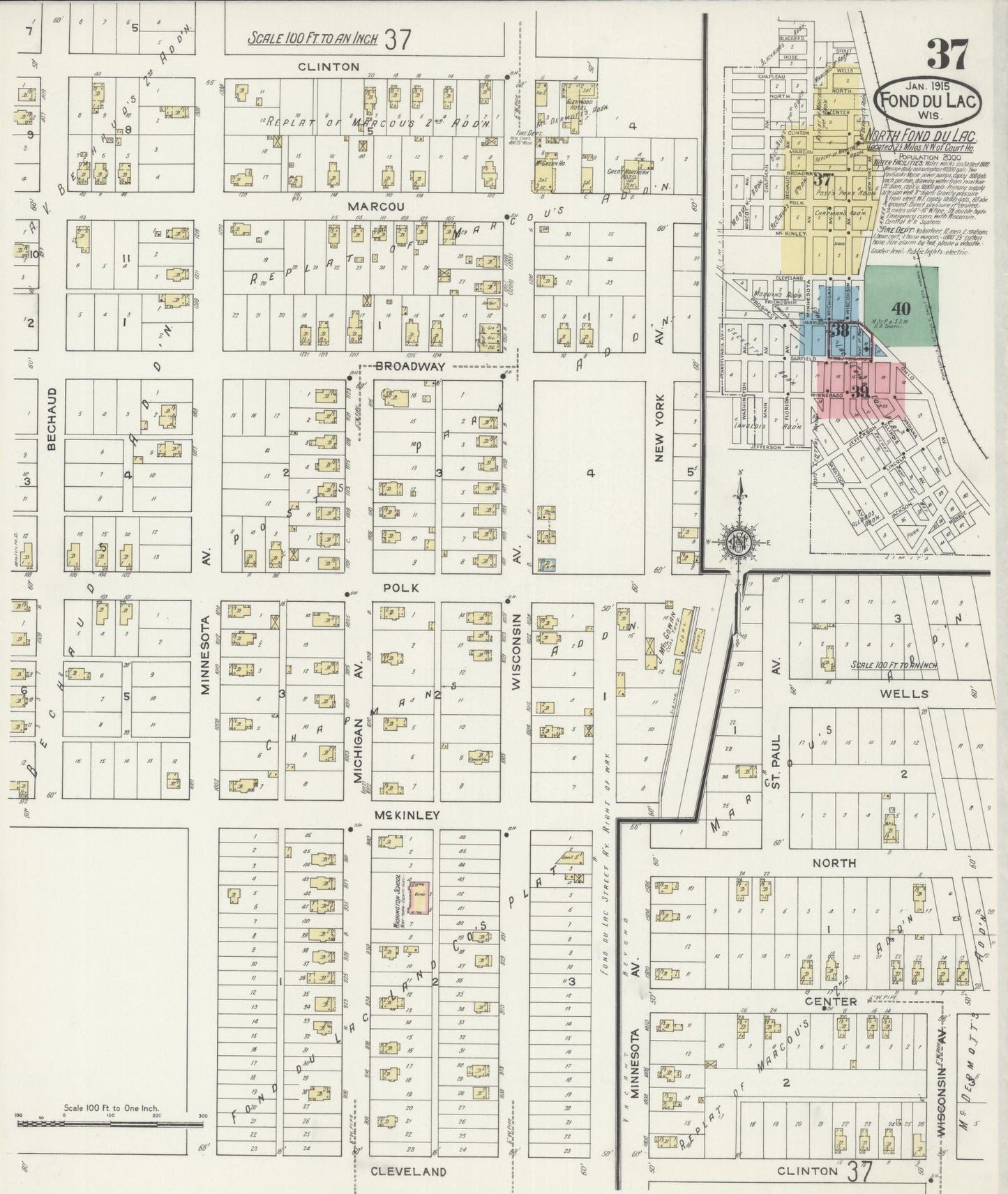 Sanborn Fire Insurance Map from Fond du Lac, Fond du Lac County, Wisconsin (1915), Sheet #0037 - Historic Sanborn Fire Insurance Map Print, vintage old map wall art, antique decor, genealogy gift, Wisconsin Wisconsin map