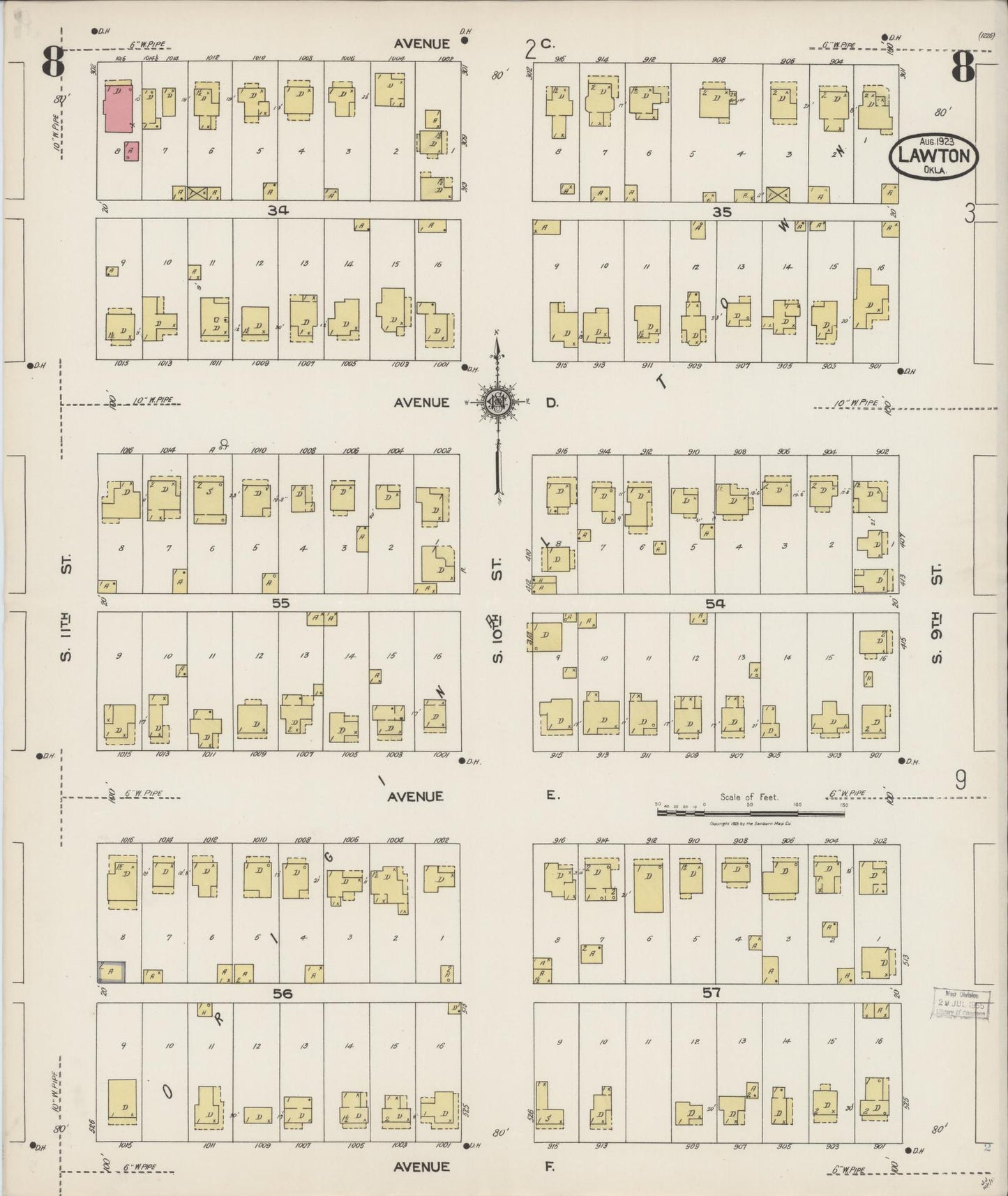 Sanborn Fire Insurance Map from Lawton, Comanche County, Oklahoma (1923), Sheet #0008 - Historic Sanborn Fire Insurance Map Print, vintage old map wall art, antique decor, genealogy gift, Oklahoma Oklahoma map