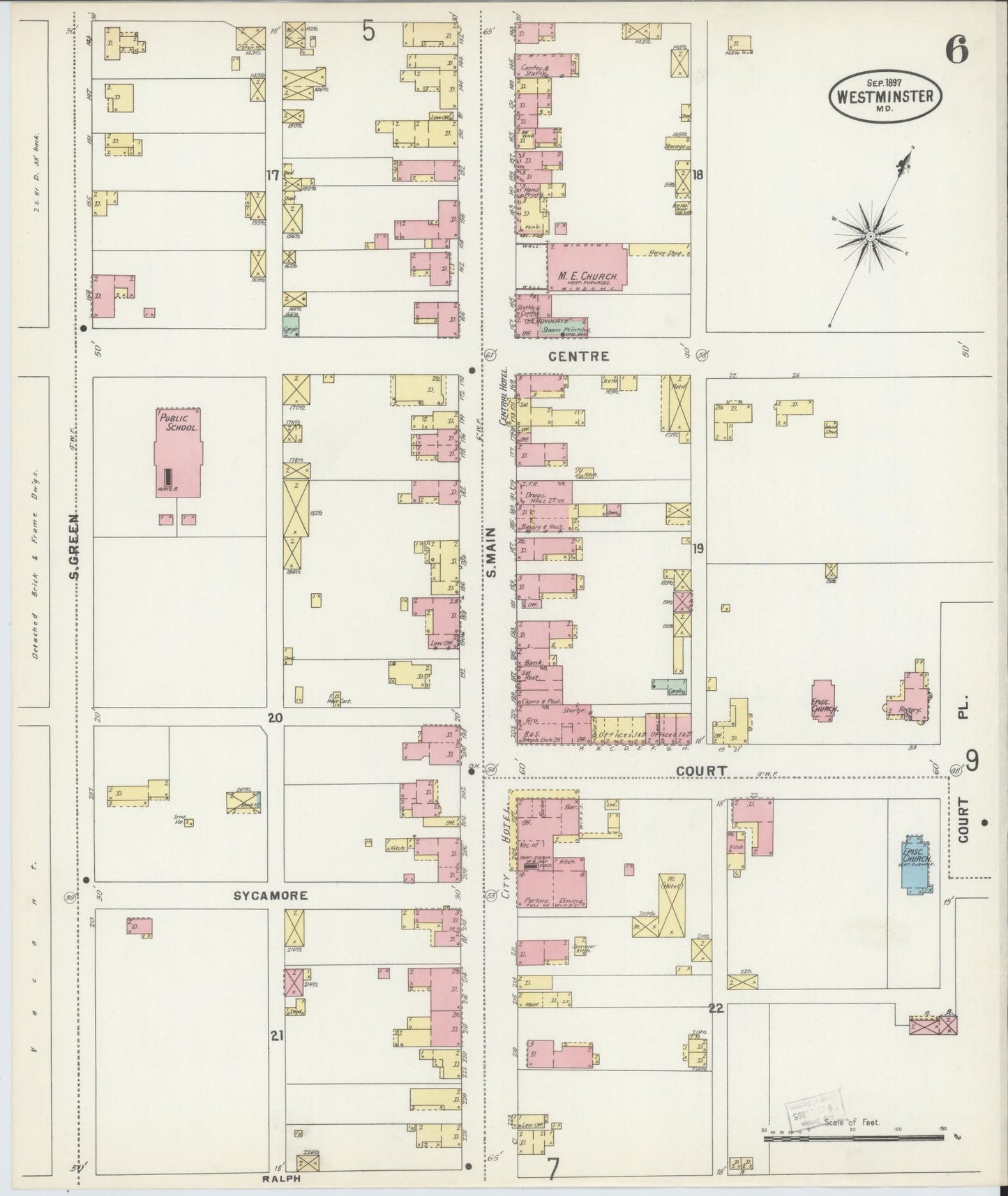 Sanborn Fire Insurance Map from Westminster, Carroll County, Maryland (1897), Sheet #0006 - Historic Sanborn Fire Insurance Map Print, vintage old map wall art, antique decor, genealogy gift, Maryland Maryland map