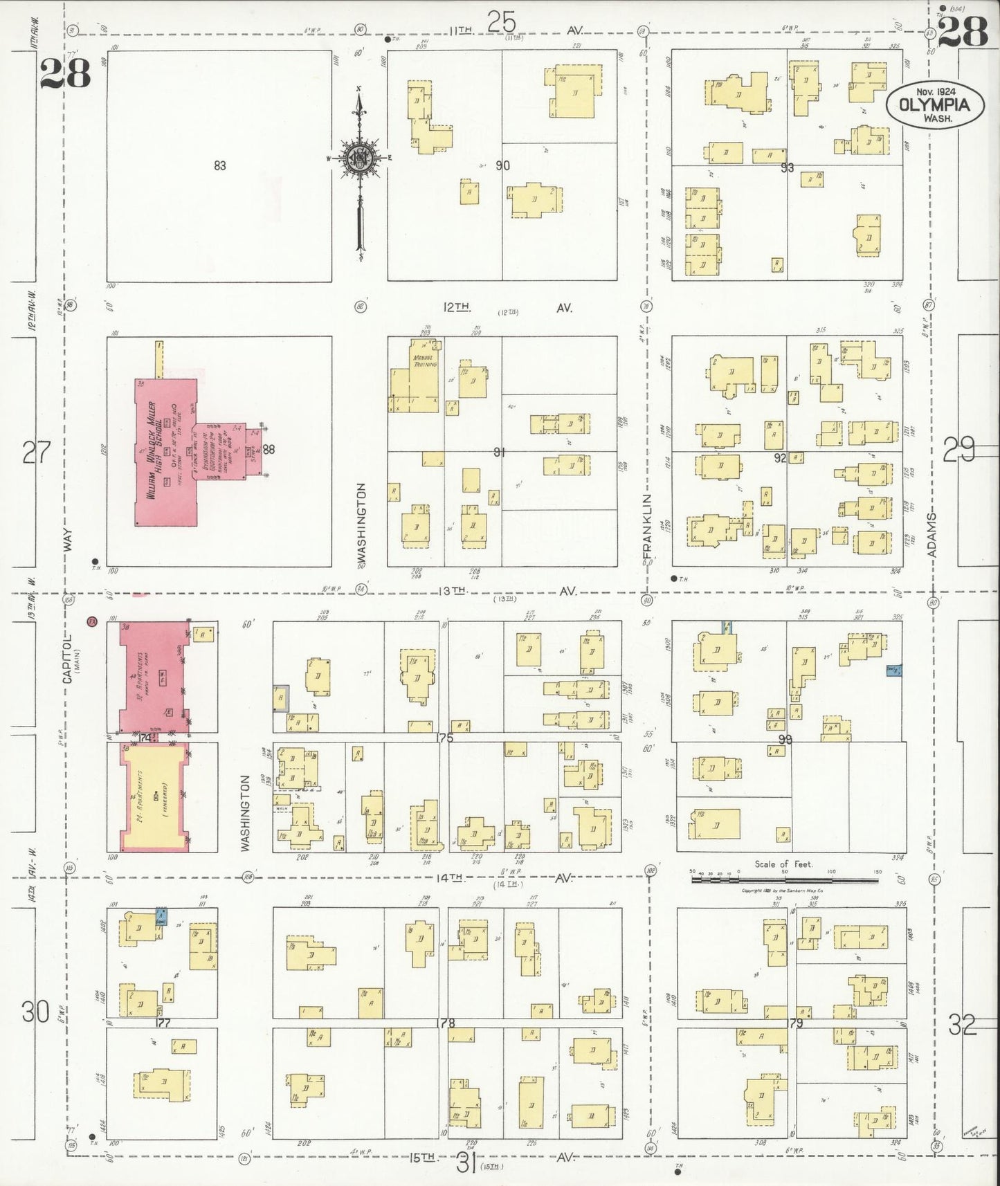 Sanborn Fire Insurance Map from Olympia, Thurston County, Washington (1924), Sheet #0028 - Historic Sanborn Fire Insurance Map Print, vintage old map wall art, antique decor, genealogy gift, Washington Washington map