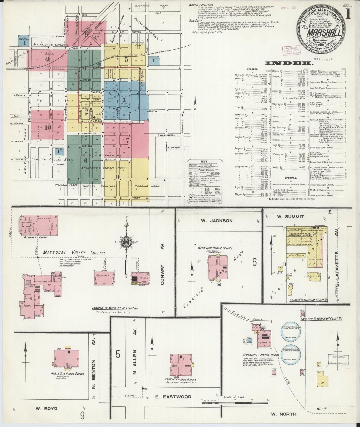Sanborn Fire Insurance Map from Marshall, Saline County, Missouri (1910), Sheet #0001 - Historic Sanborn Fire Insurance Map Print, vintage old map wall art, antique decor, genealogy gift, Missouri Missouri map