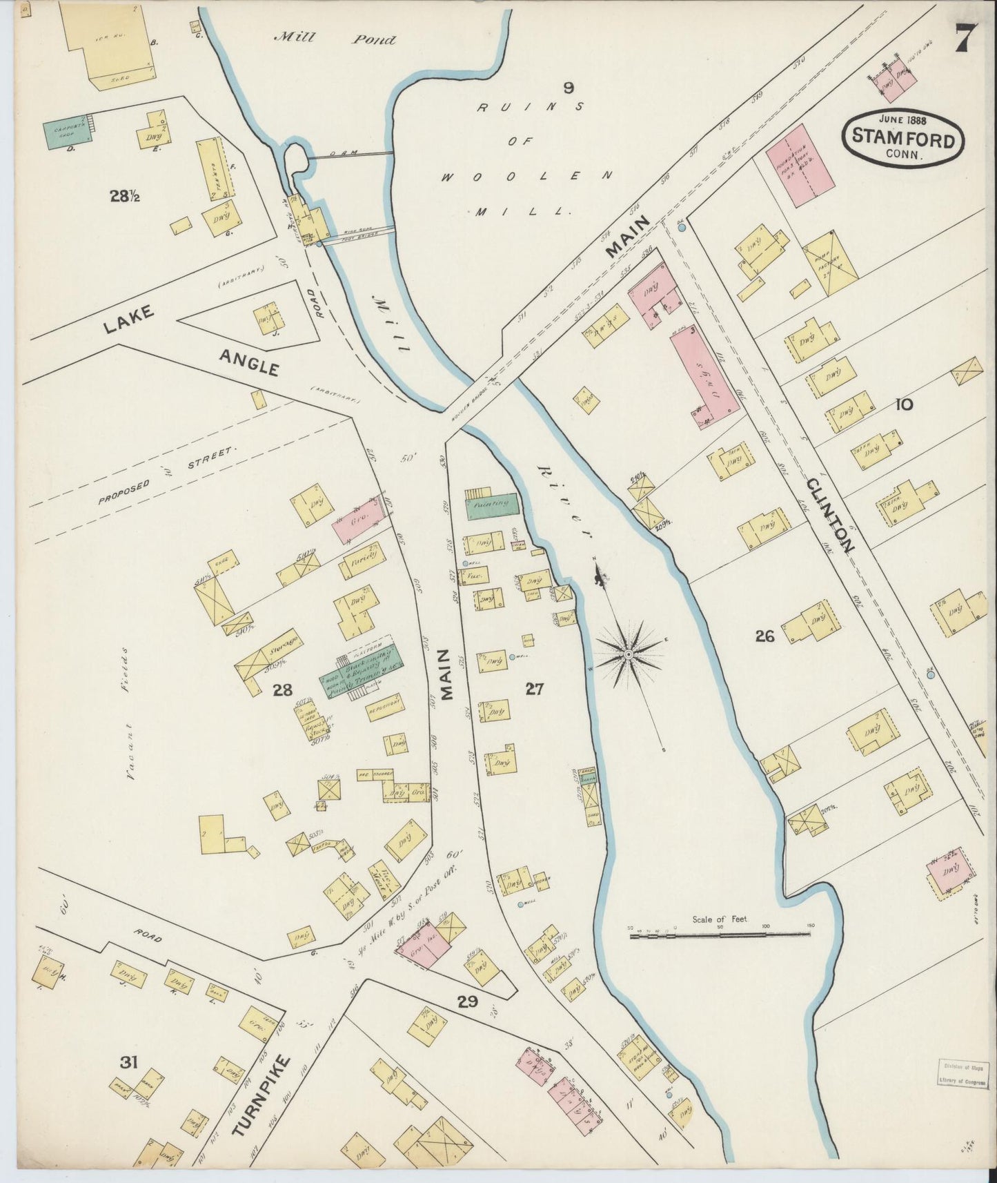 Sanborn Fire Insurance Map from Stamford, Fairfield County, Connecticut (1888), Sheet #0007 - Historic Sanborn Fire Insurance Map Print, vintage old map wall art, antique decor, genealogy gift, Connecticut Connecticut map