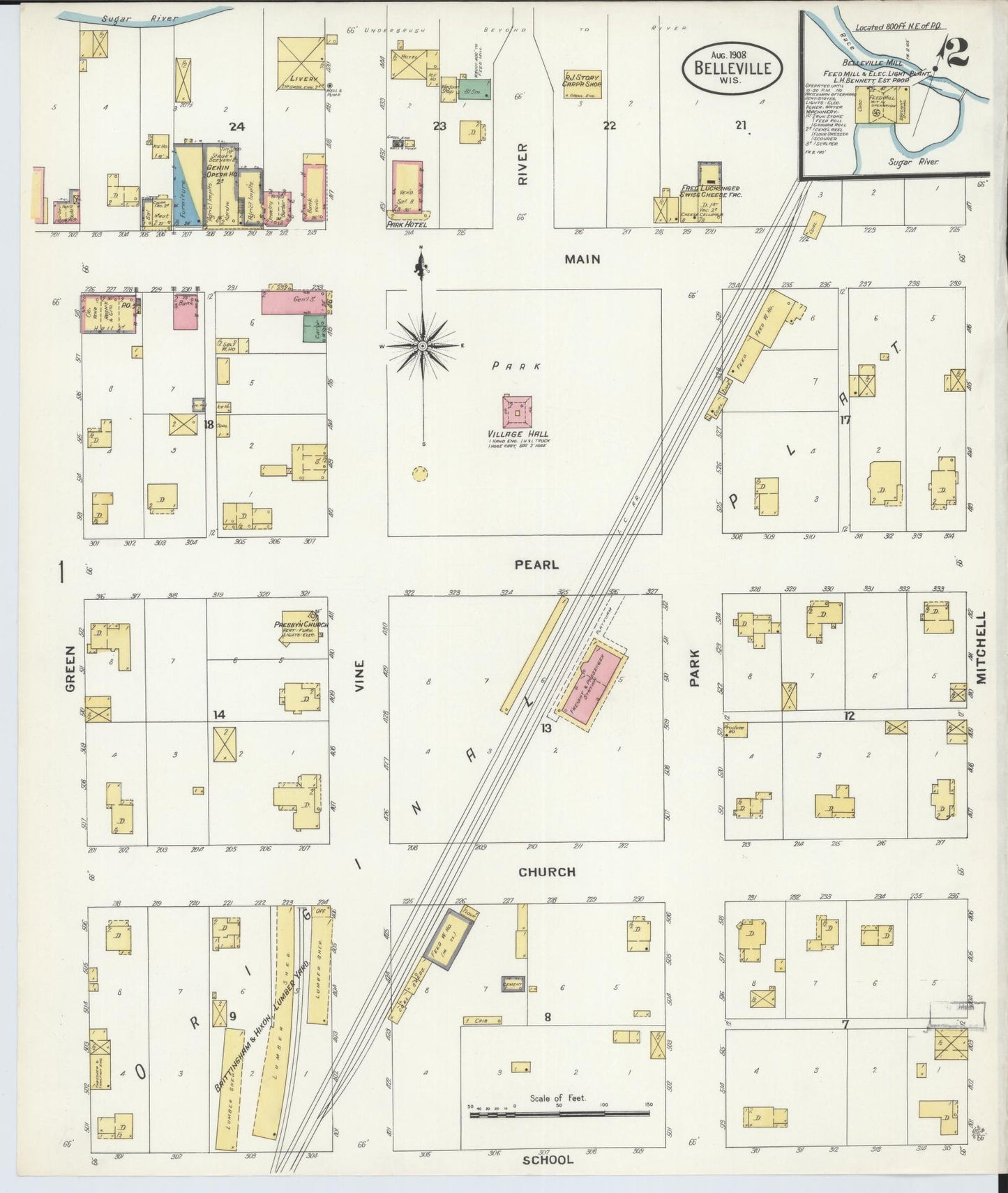 Sanborn Fire Insurance Map from Belleville, Dane County, Wisconsin (1908), Sheet #0002 - Historic Sanborn Fire Insurance Map Print, vintage old map wall art, antique decor, genealogy gift, Wisconsin Wisconsin map