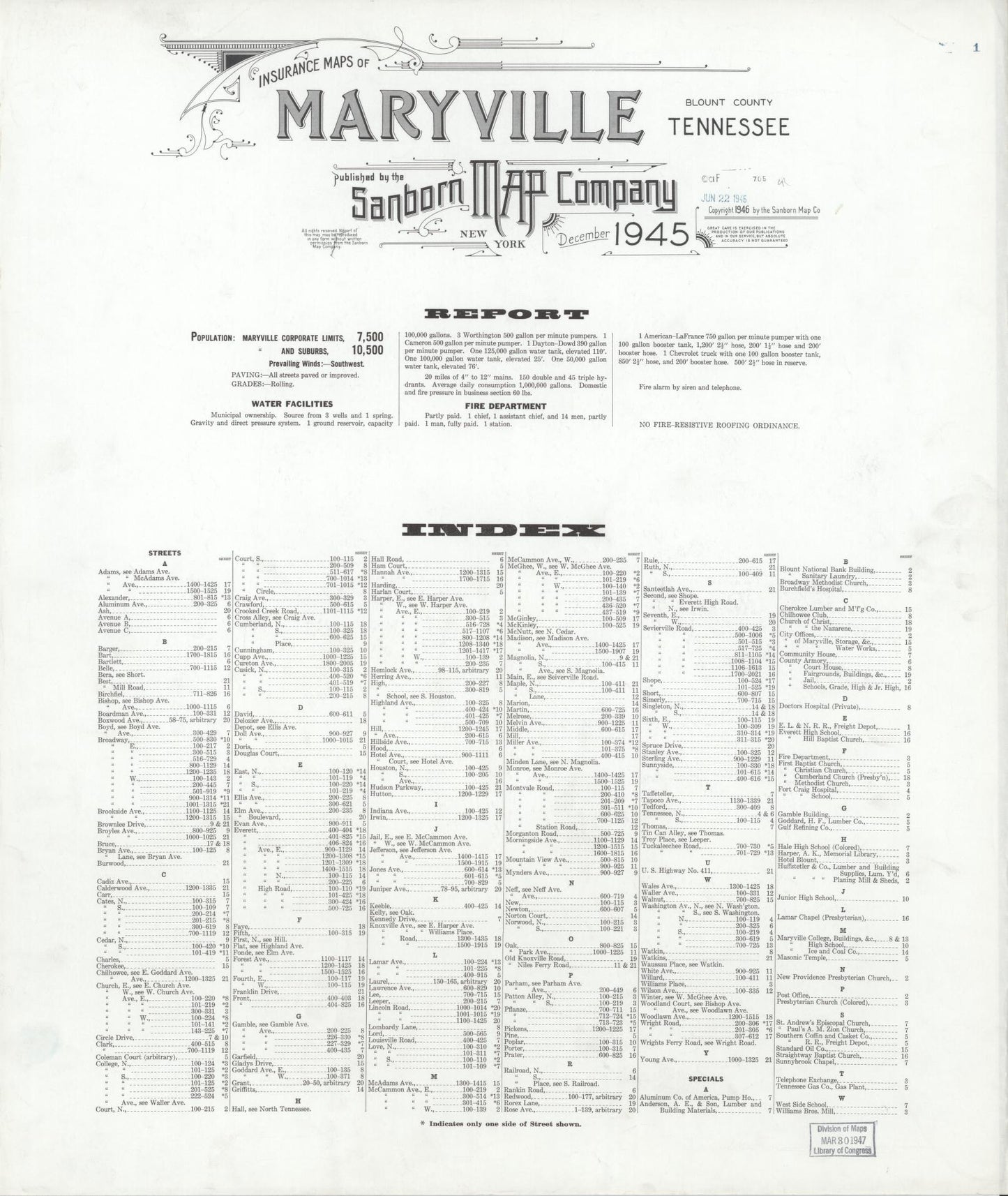 Sanborn Fire Insurance Map from Maryville, Blount County, Tennessee. (1945) – Historic Sanborn Fire Insurance Map Print