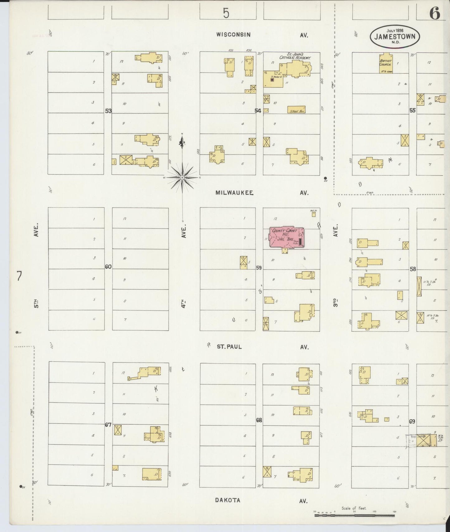 Sanborn Fire Insurance Map from Jamestown, Stutsman County, North Dakota (1898), Sheet #0006 - Historic Sanborn Fire Insurance Map Print, vintage old map wall art, antique decor, genealogy gift, North Dakota North Dakota map