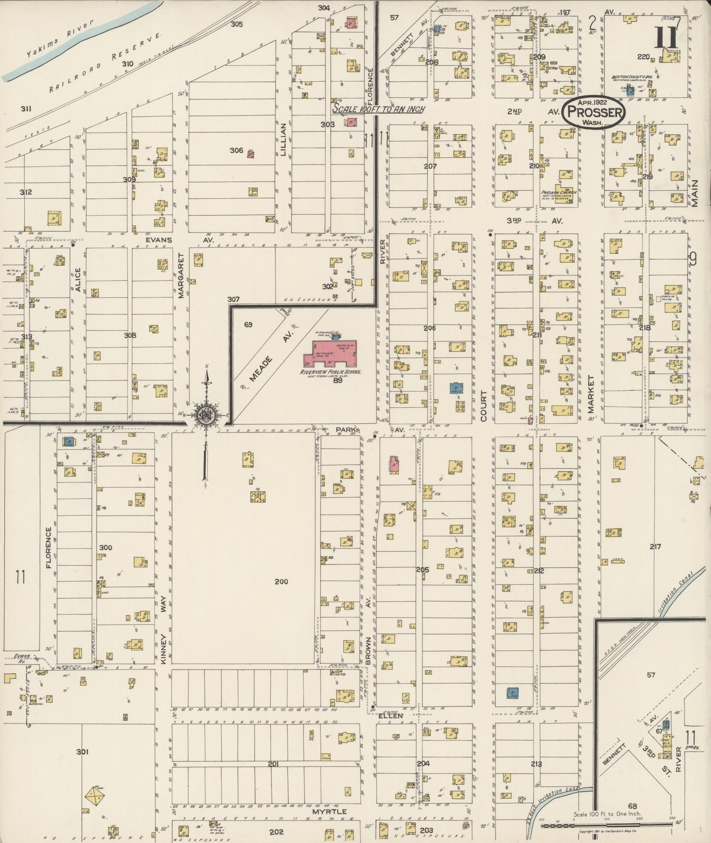 Sanborn Fire Insurance Map from Prosser, Benton County, Washington (1922), Sheet #0011 - Historic Sanborn Fire Insurance Map Print, vintage old map wall art, antique decor, genealogy gift, Washington Washington map