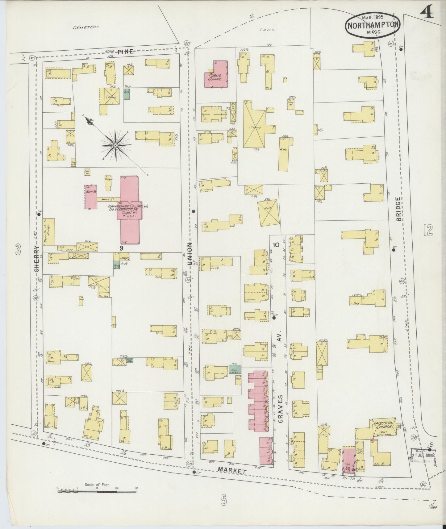 Sanborn Fire Insurance Map from Northampton, Hampshire County, Massachusetts (1895), Sheet #0004 - Historic Sanborn Fire Insurance Map Print, vintage old map wall art, antique decor, genealogy gift, Massachusetts Massachusetts map