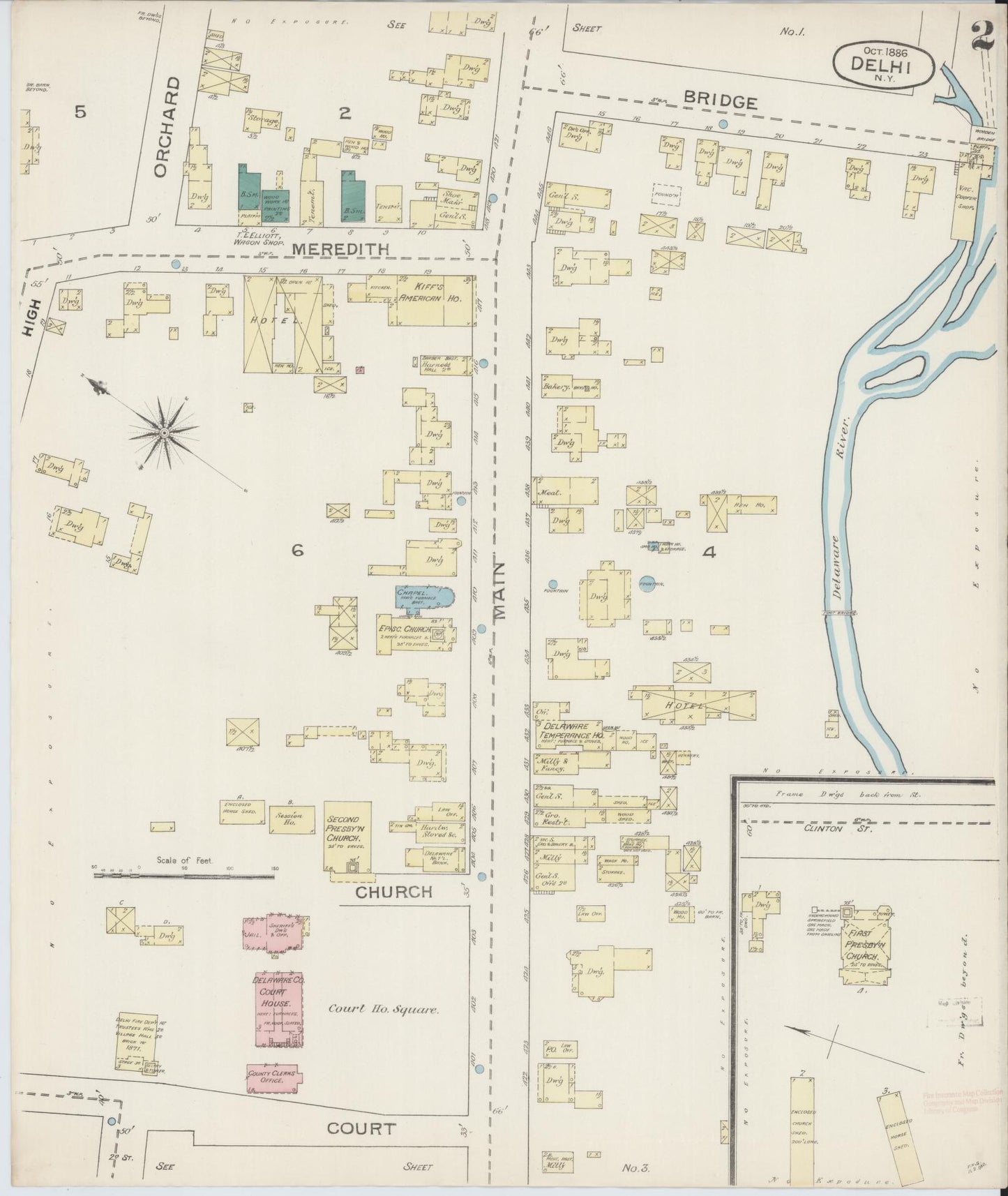 Sanborn Fire Insurance Map from Delhi, Delaware County, New York (1886), Sheet #0002 - Historic Sanborn Fire Insurance Map Print, vintage old map wall art, antique decor, genealogy gift, Delhi Delaware map