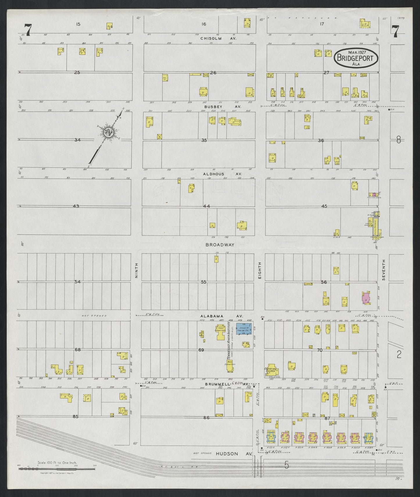 Sanborn Fire Insurance Map from Bridgeport, Jackson County, Alabama (1927), Sheet #0007 - Historic Sanborn Fire Insurance Map Print, vintage old map wall art, antique decor, genealogy gift, Alabama Alabama map