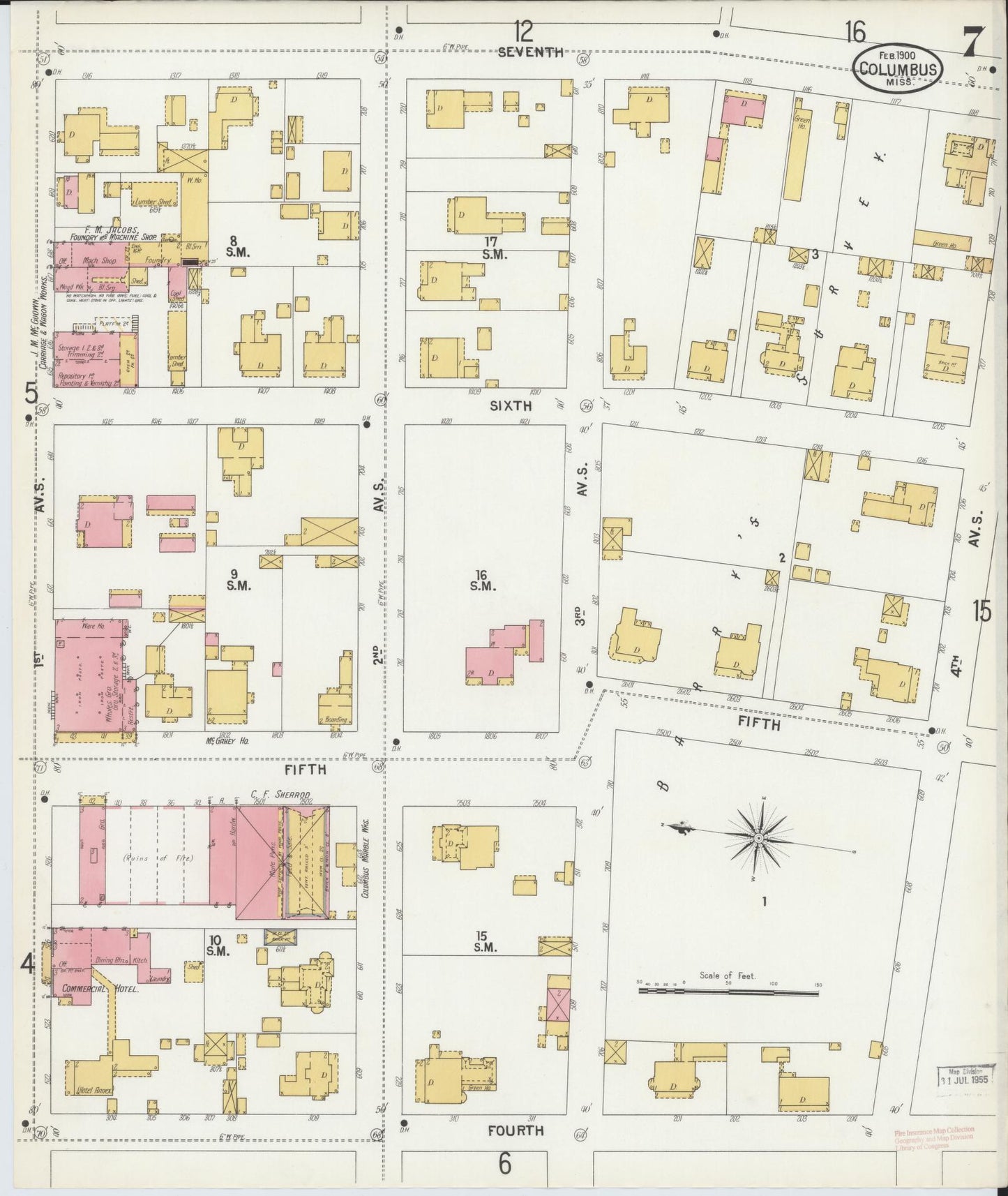 Sanborn Fire Insurance Map from Columbus, Lowndes County, Mississippi (1900), Sheet #0007 - Historic Sanborn Fire Insurance Map Print, vintage old map wall art, antique decor, genealogy gift, Mississippi Mississippi map