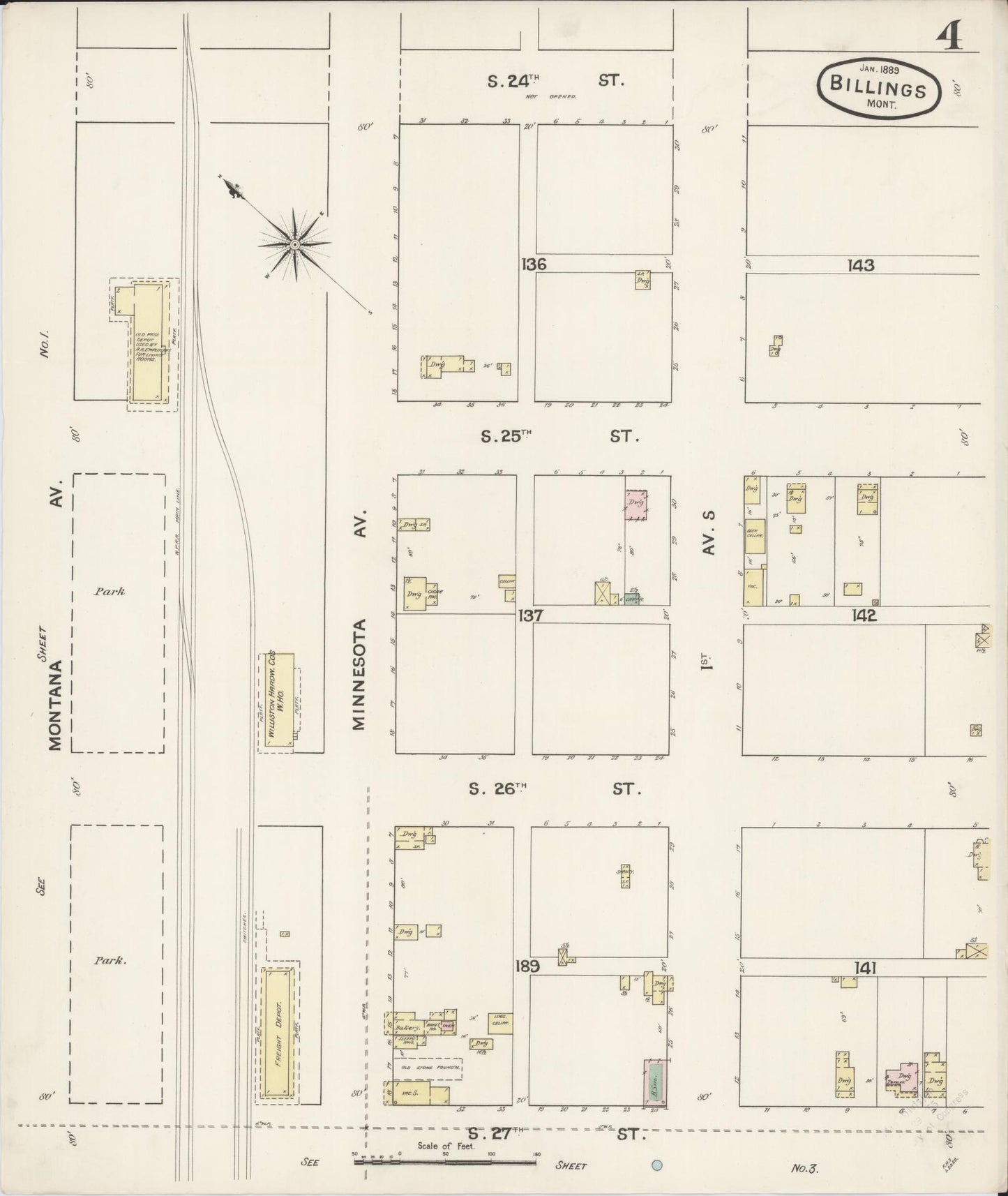 Sanborn Fire Insurance Map from Billings, Yellowstone County, Montana (1889), Sheet #0004 - Historic Sanborn Fire Insurance Map Print, vintage old map wall art, antique decor, genealogy gift, Montana Montana map