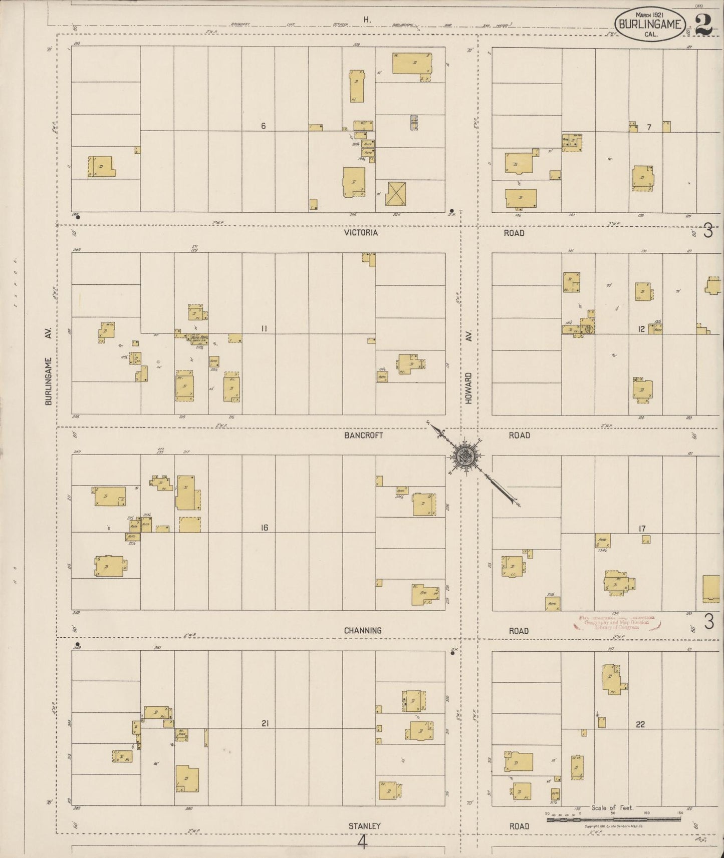 Sanborn Fire Insurance Map from Burlingame, San Mateo County, California (1921), Sheet #0002 - Historic Sanborn Fire Insurance Map Print, vintage old map wall art, antique decor, genealogy gift, California California map