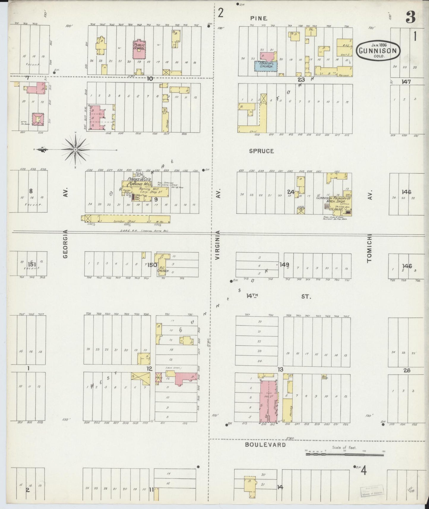 Sanborn Fire Insurance Map from Gunnison, Gunnison County, Colorado (1896), Sheet #0003 - Historic Sanborn Fire Insurance Map Print, vintage old map wall art, antique decor, genealogy gift, Colorado Colorado map