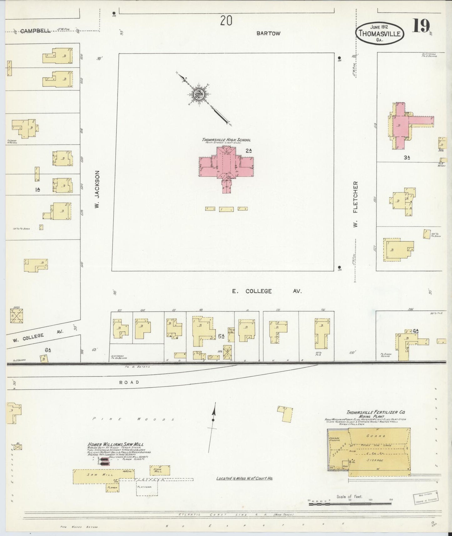Sanborn Fire Insurance Map from Thomasville, Thomas County, Georgia (1912), Sheet #0019 - Historic Sanborn Fire Insurance Map Print, vintage old map wall art, antique decor, genealogy gift, Georgia Georgia map
