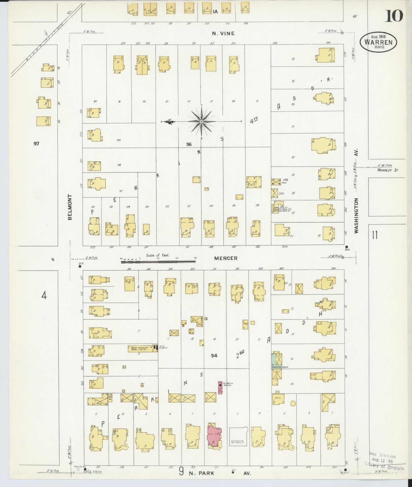 Sanborn Fire Insurance Map from Warren, Trumbull County, Ohio (1908), Sheet #0010 - Historic Sanborn Fire Insurance Map Print, vintage old map wall art, antique decor, genealogy gift, Ohio Ohio map