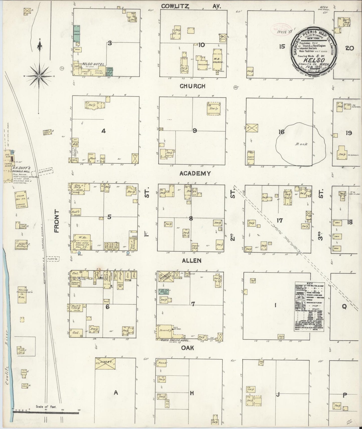 Sanborn Fire Insurance Map from Kelso, Cowlitz County, Washington (1891), Sheet #0001 - Historic Sanborn Fire Insurance Map Print, vintage old map wall art, antique decor, genealogy gift, Washington Washington map