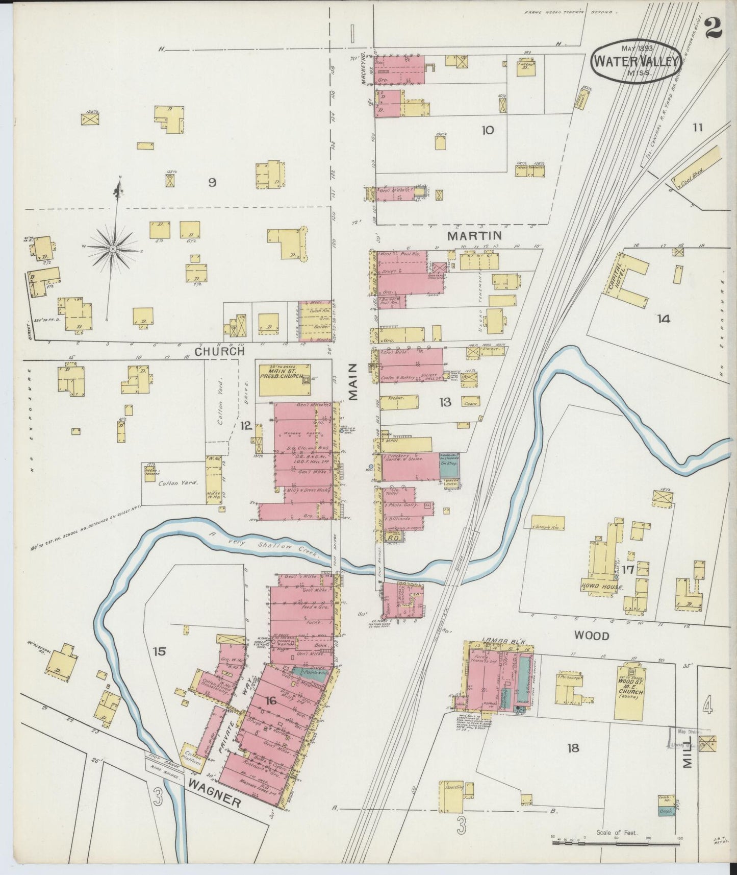 Sanborn Fire Insurance Map from Water Valley, Yalobusha County, Mississippi (1893), Sheet #0002 - Historic Sanborn Fire Insurance Map Print, vintage old map wall art, antique decor, genealogy gift, Mississippi Mississippi map