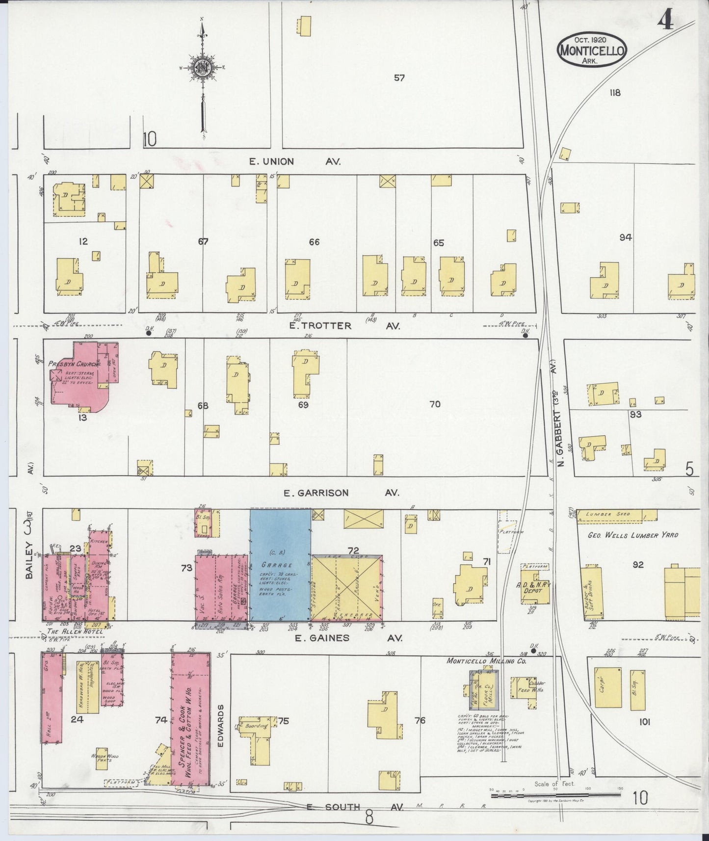 Sanborn Fire Insurance Map from Monticello, Drew County, Arkansas (1920), Sheet #0004 - Historic Sanborn Fire Insurance Map Print, vintage old map wall art, antique decor, genealogy gift, Arkansas Arkansas map