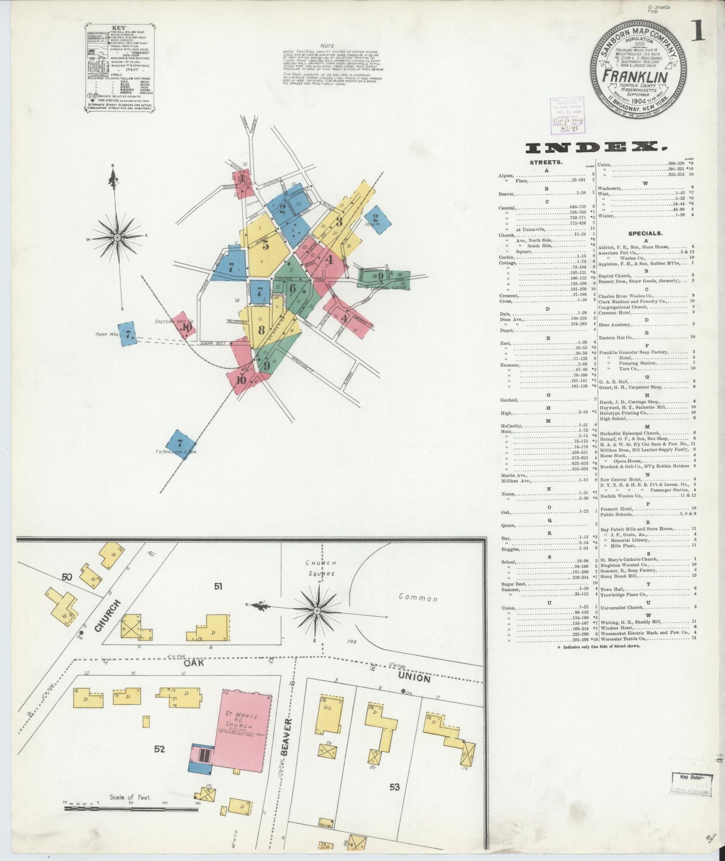 Sanborn Fire Insurance Map from Franklin, Norfolk County, Massachusetts (1904), Sheet #0001 - Historic Sanborn Fire Insurance Map Print, vintage old map wall art, antique decor, genealogy gift, Massachusetts Massachusetts map