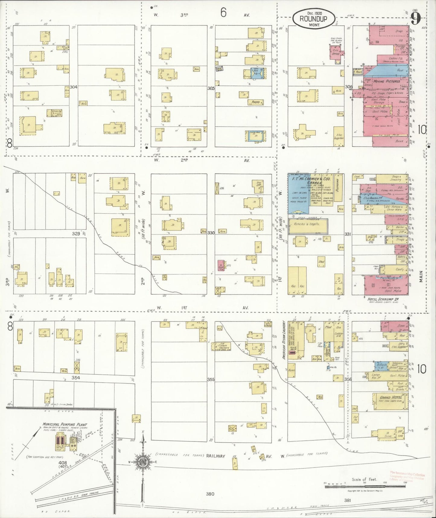 Sanborn Fire Insurance Map from Roundup, Musselshell County, Montana (1920), Sheet #0009 - Historic Sanborn Fire Insurance Map Print, vintage old map wall art, antique decor, genealogy gift, Montana Montana map