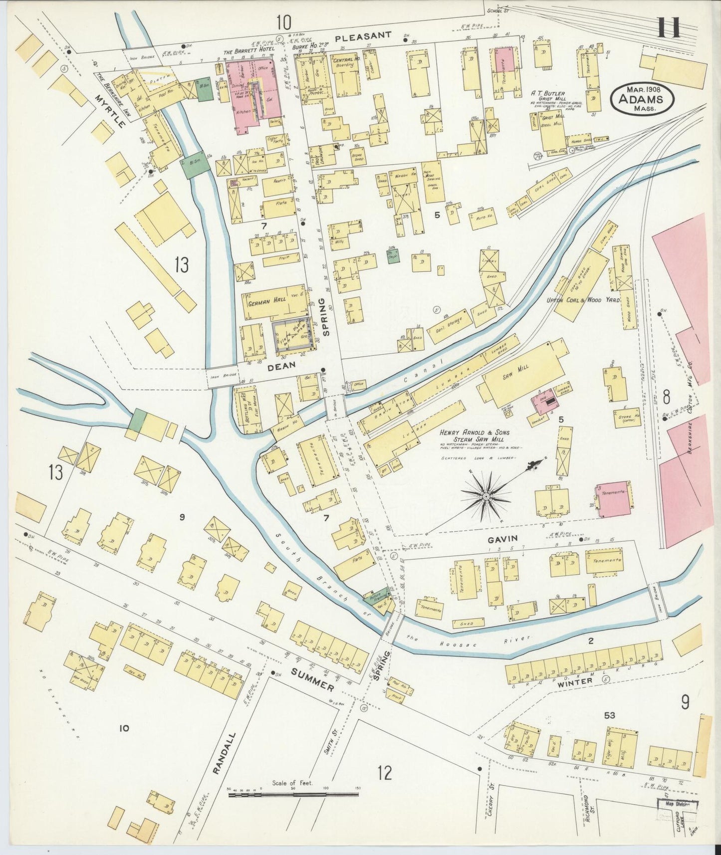 Sanborn Fire Insurance Map from Adams, Berkshire County, Massachusetts (1908), Sheet #0011 - Historic Sanborn Fire Insurance Map Print, vintage old map wall art, antique decor, genealogy gift, Massachusetts Massachusetts map