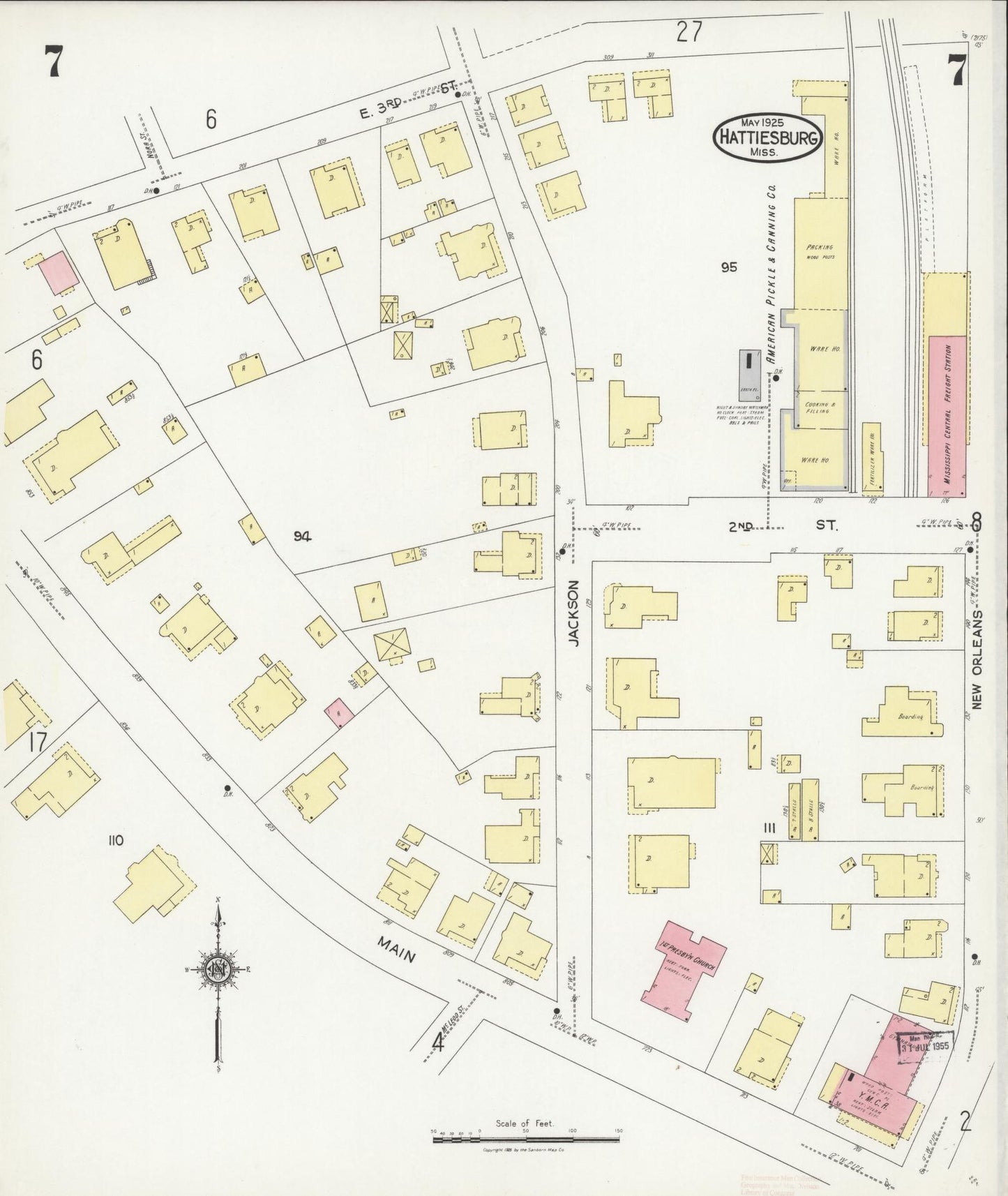 Sanborn Fire Insurance Map from Hattiesburg, Forrest County, Mississippi (1925), Sheet #0007 - Historic Sanborn Fire Insurance Map Print, vintage old map wall art, antique decor, genealogy gift, Mississippi Mississippi map